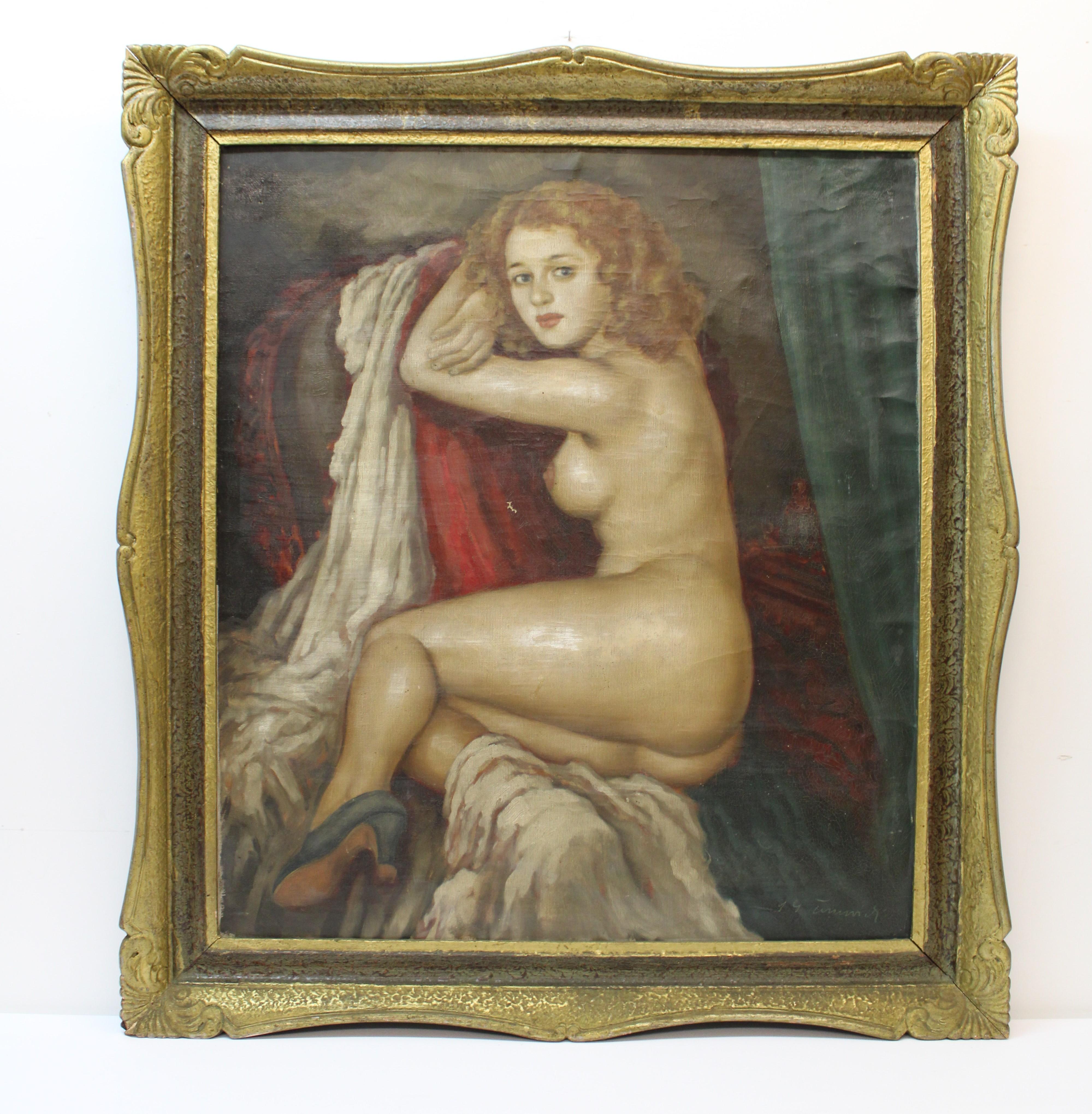 Unknown Nude Painting - " Lady on Red Velvet " Nude Portrait Painting