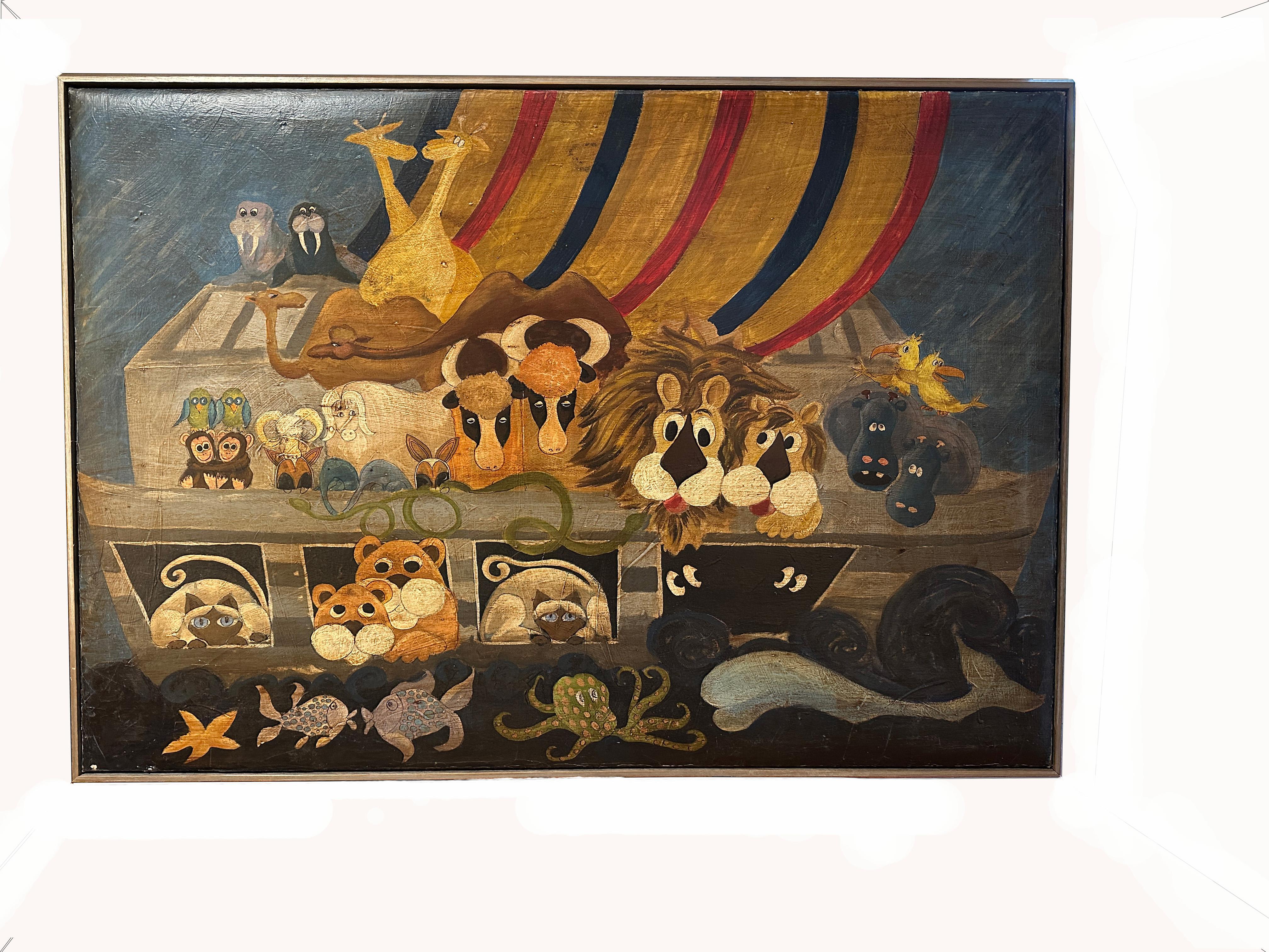 Unknown Figurative Painting - « Noah's Ark" Folk Art Oil Painting on Canvas