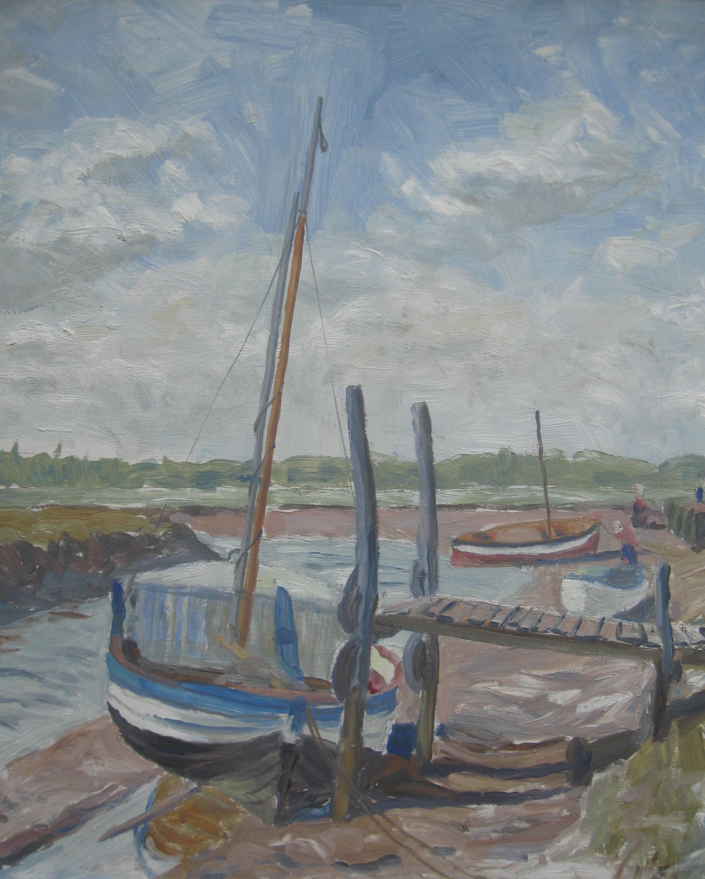 ' Sailboats at Low Tide' oil circa 1965 - Gray Landscape Painting by Unknown