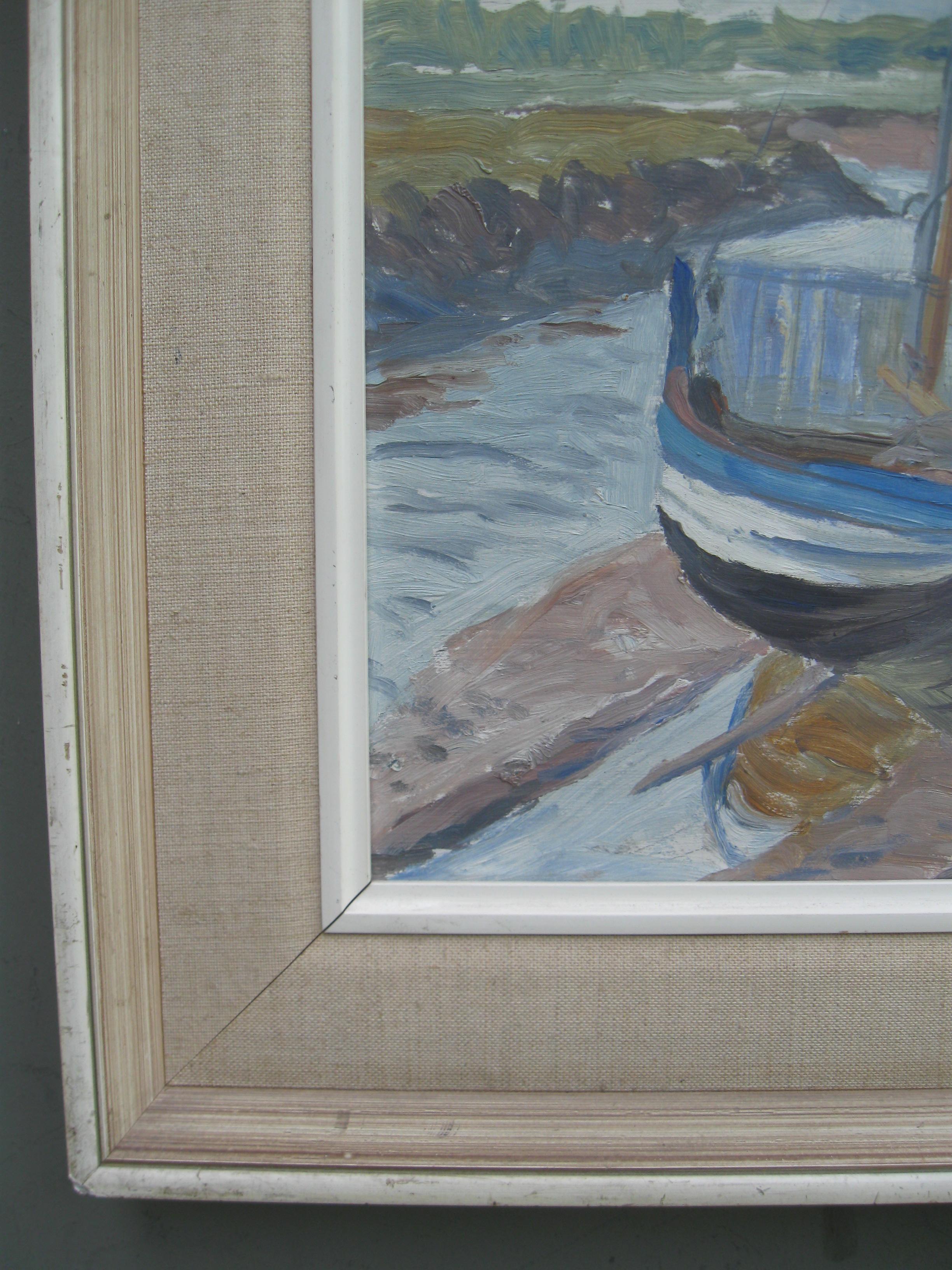 A good mid century Post Impressionist/ Modernist oil, 'Sailboats at Low Tide' circa 1965.
oil on board 49cmx59cm
The original good quality gallery frame 65cmx75cm
Painted en plein air with wonderful efficacy.
The small sailboats are beached at low