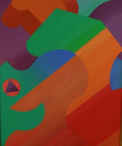 Two Lovers Cubic Oil Painting, Framed Abstract Art, 1970s, 19x16 in