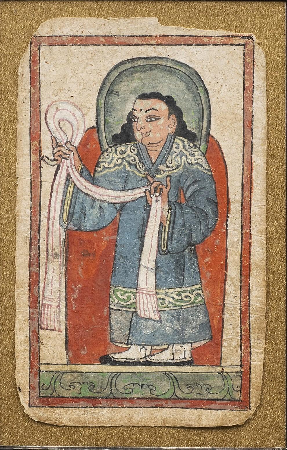 Tsakali tibetano del 15° secolo: "Alto Lama presenta un  Sciarpa da cerimonia