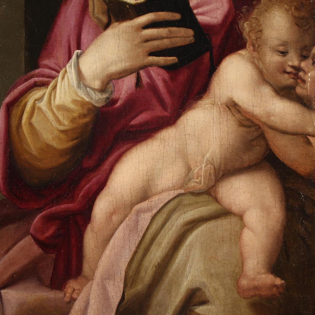 16. Jahrhundert Öl auf Tafel Italienische Malerei Madonna und Kind mit Johannes im Angebot 8