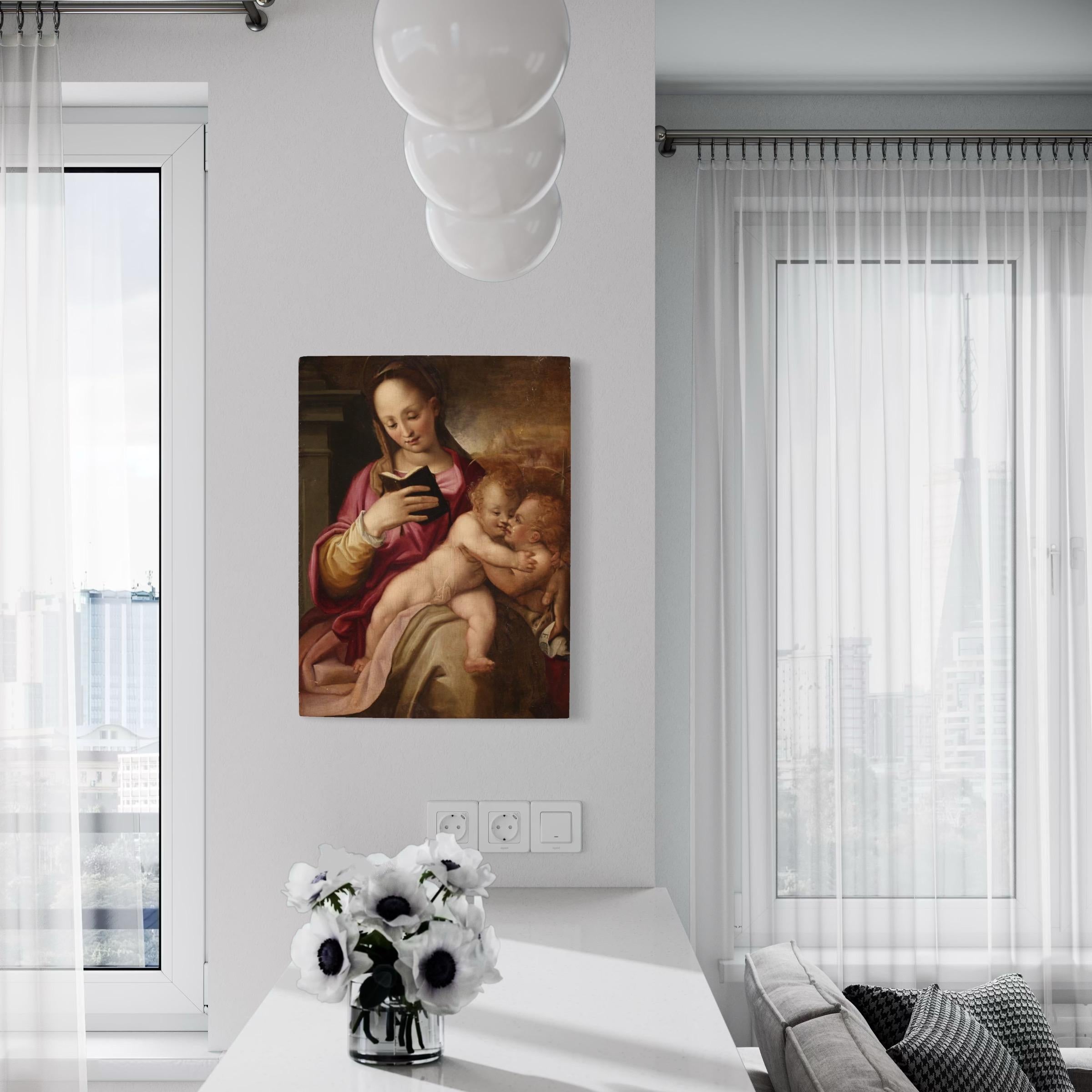 16. Jahrhundert Öl auf Tafel Italienische Malerei Madonna und Kind mit Johannes im Angebot 9