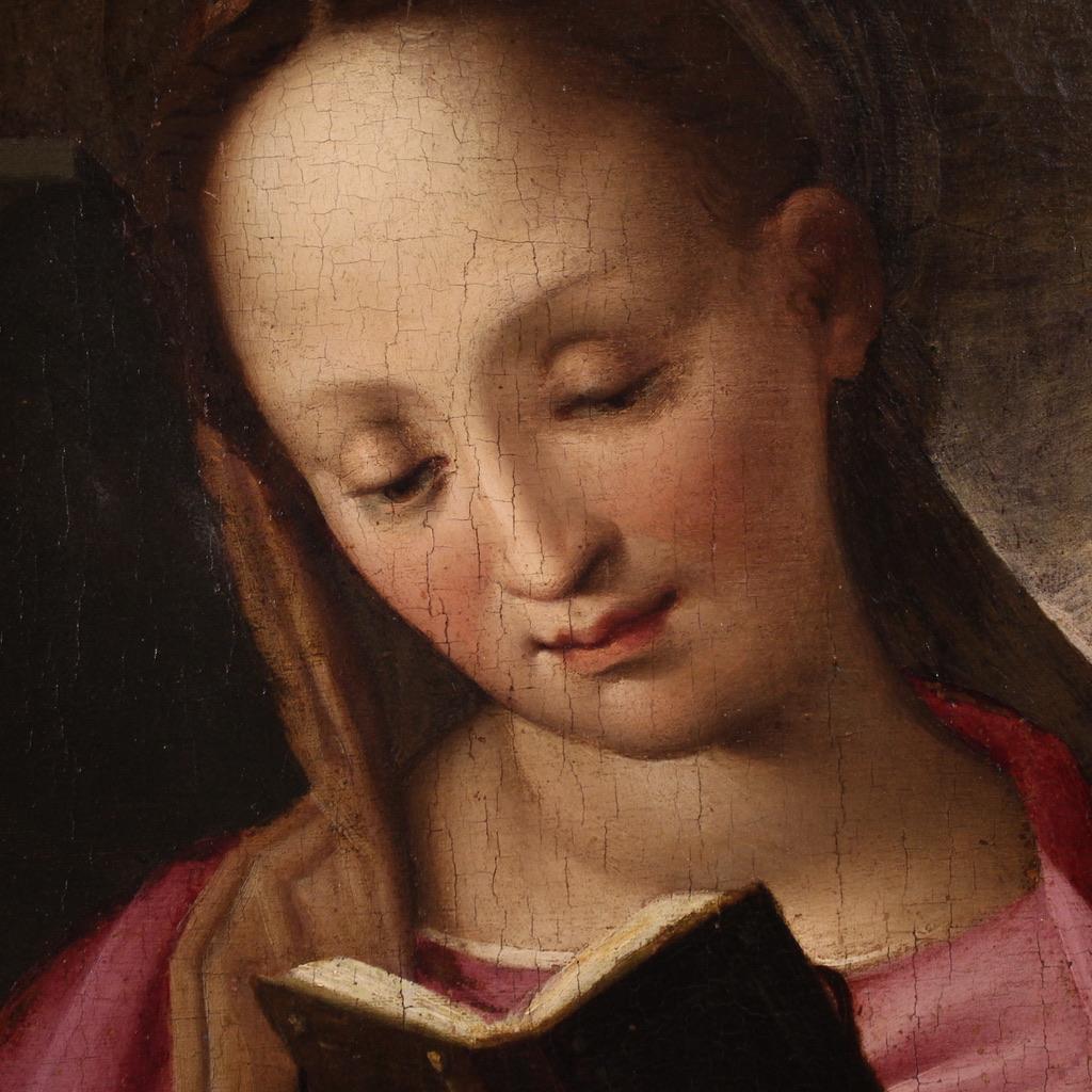 16. Jahrhundert Öl auf Tafel Italienische Malerei Madonna und Kind mit Johannes im Angebot 11