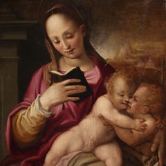 16th Century Oil on Panel Italian Painting Madonna and Child with Saint John
