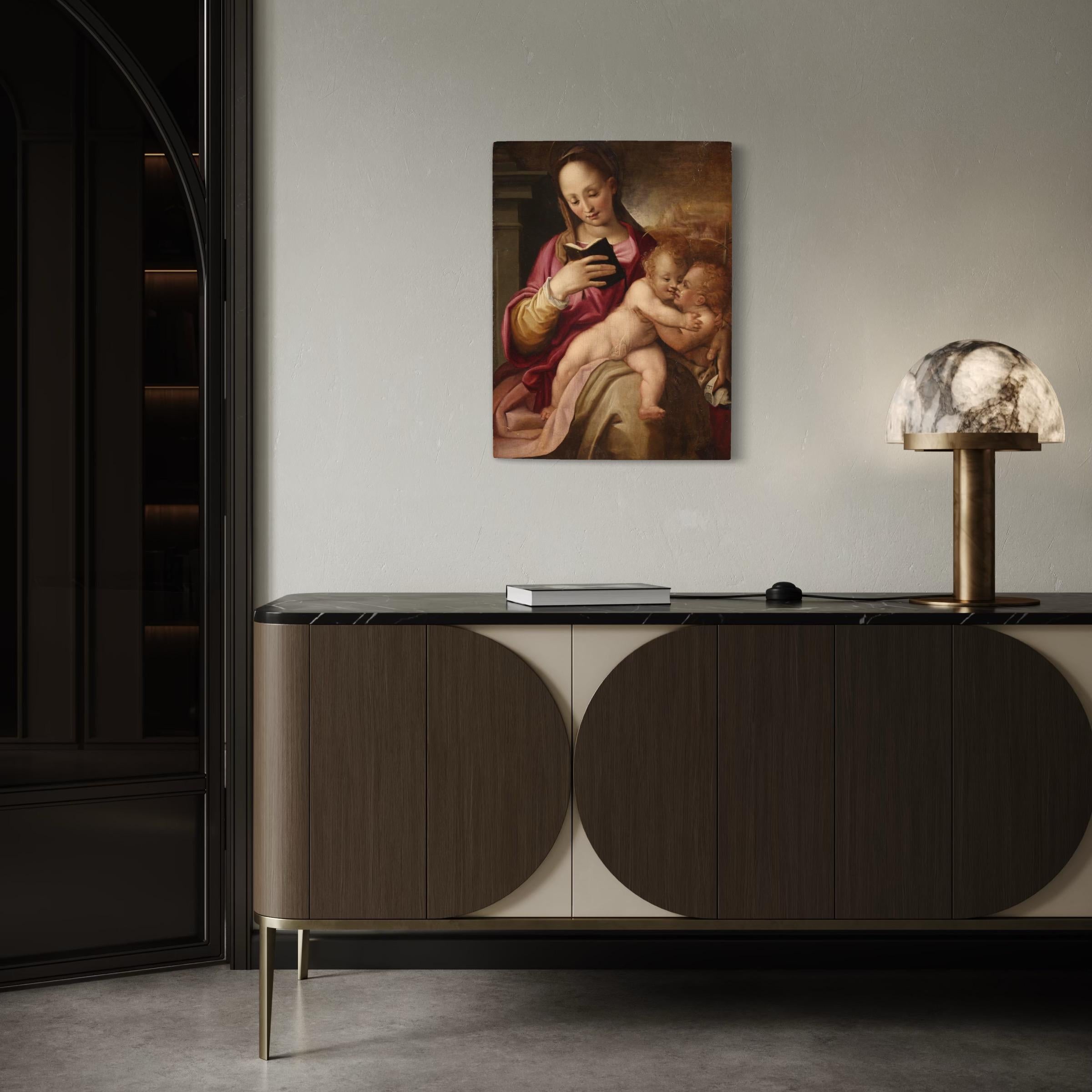 16. Jahrhundert Öl auf Tafel Italienische Malerei Madonna und Kind mit Johannes im Angebot 1