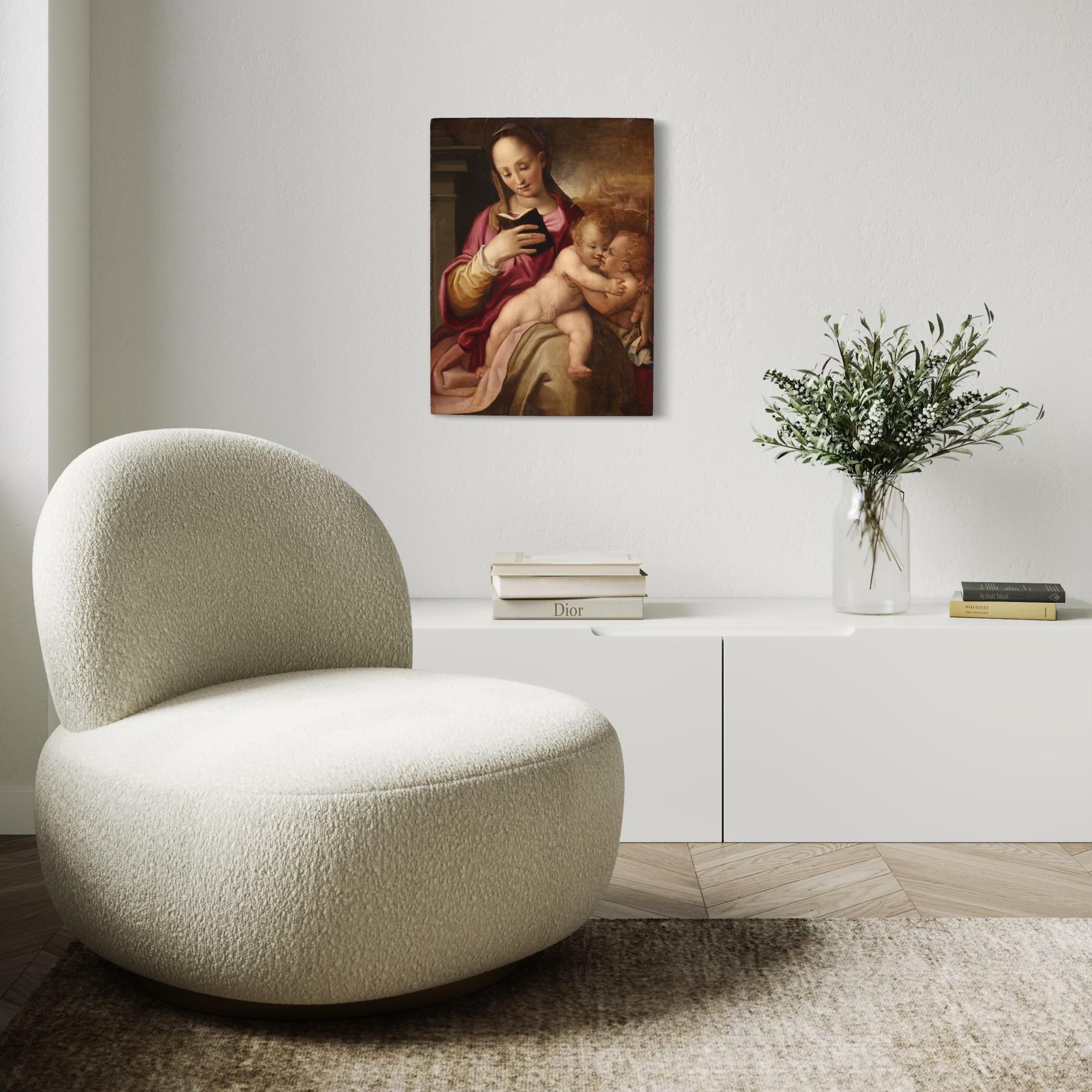 16. Jahrhundert Öl auf Tafel Italienische Malerei Madonna und Kind mit Johannes im Angebot 3