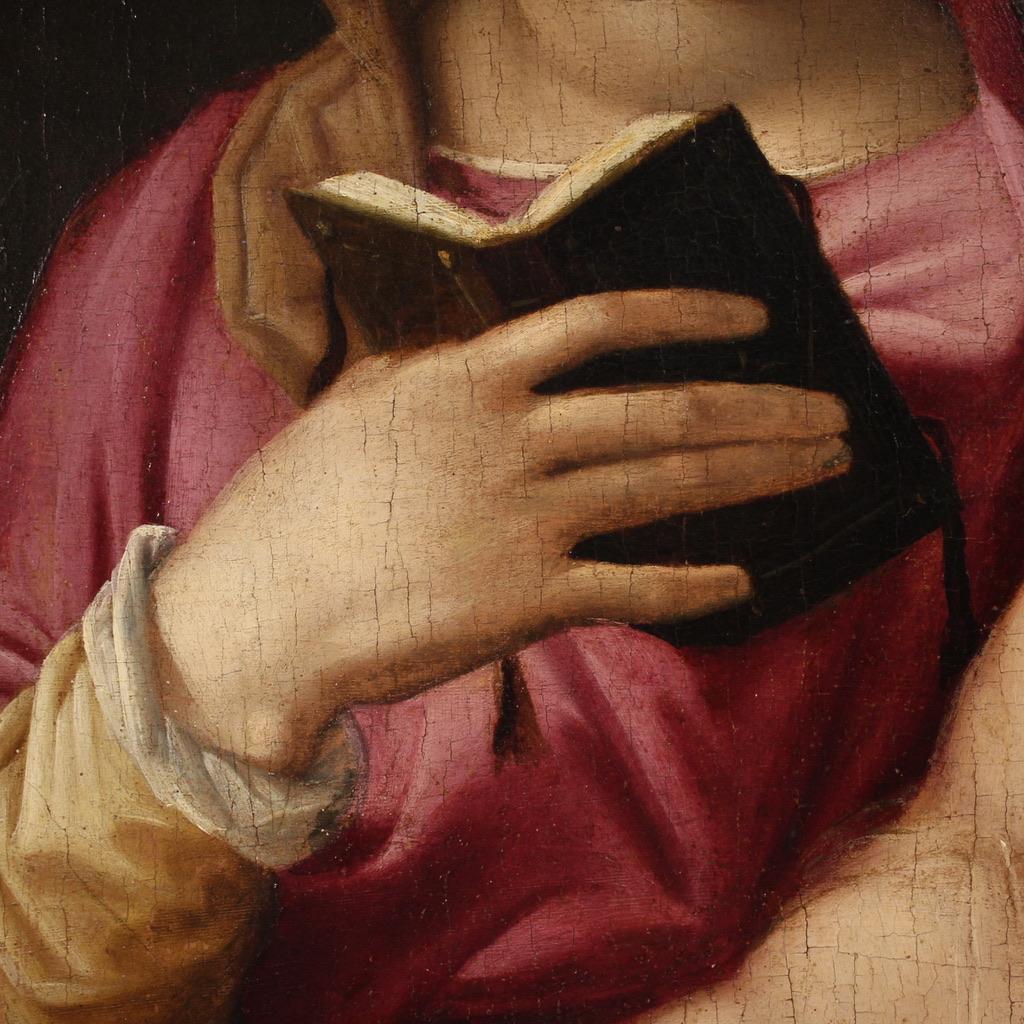 16. Jahrhundert Öl auf Tafel Italienische Malerei Madonna und Kind mit Johannes im Angebot 4