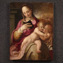 16th Century Oil on Panel Italian Painting Madonna and Child with Saint John