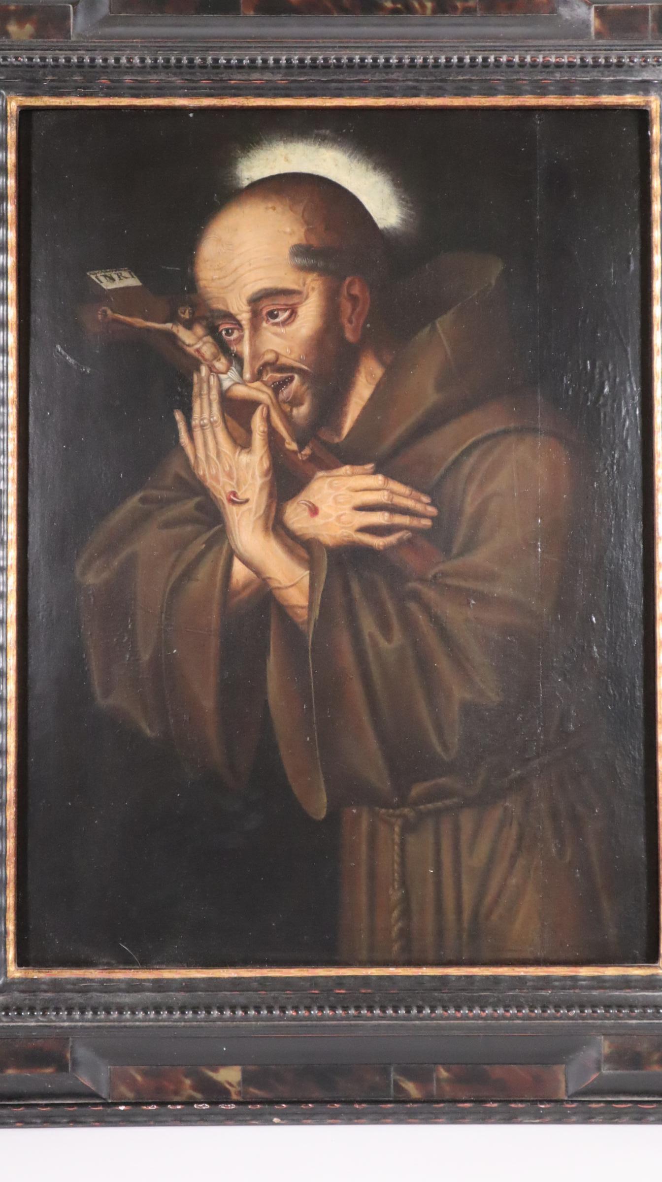 Last chance clearance sale. Spanish painting of Saint Francis in tearful ecstasy - Painting by Unknown
