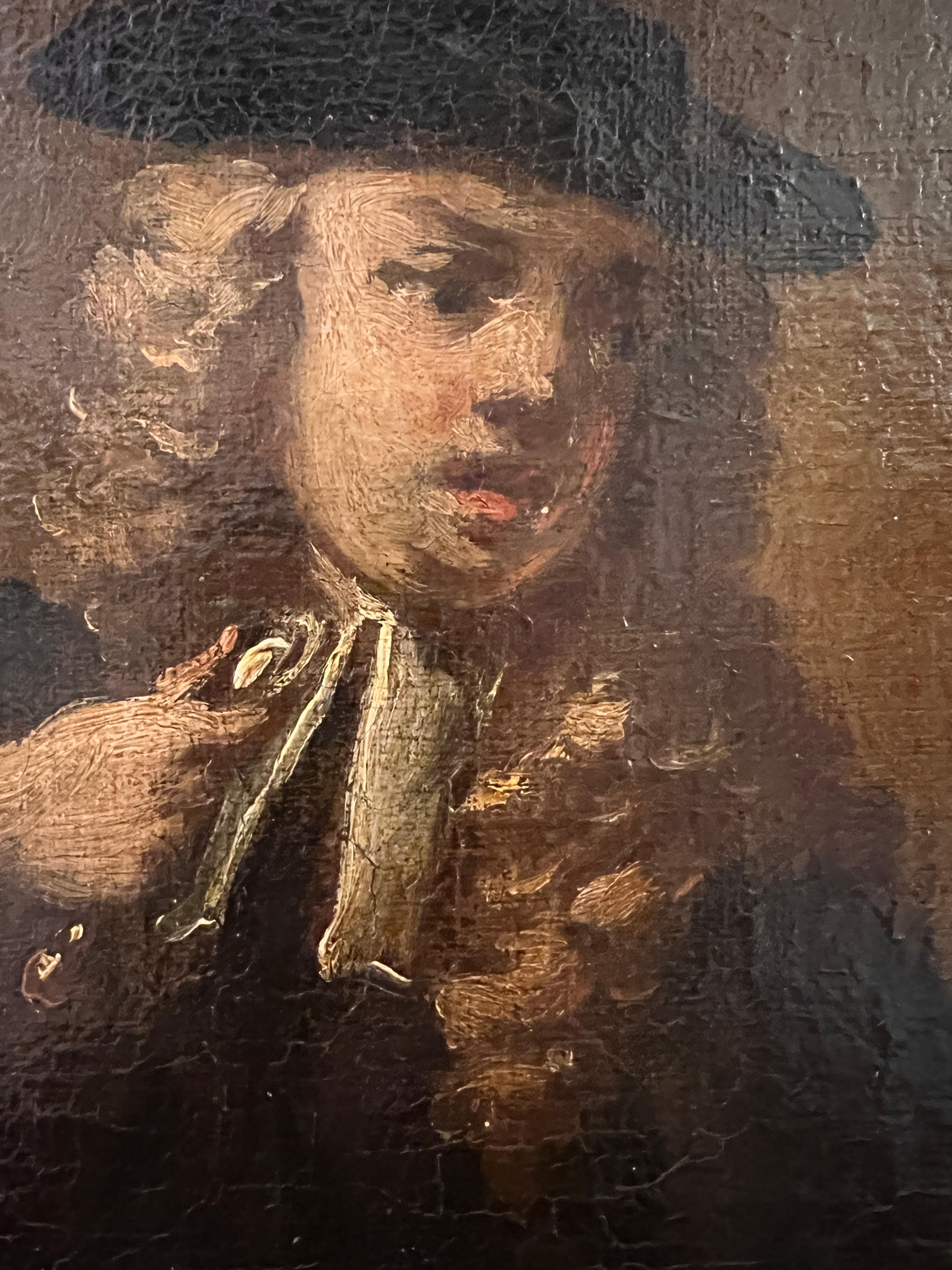 In vendita c'è un interessantissimo dipinto ad olio su tela originale del 17/18 secolo che raffigura un genere  scena con un  Un signore in abiti neri viene avvicinato da due anziani che chiedono l'elemosina. An He mostra loro la borsa