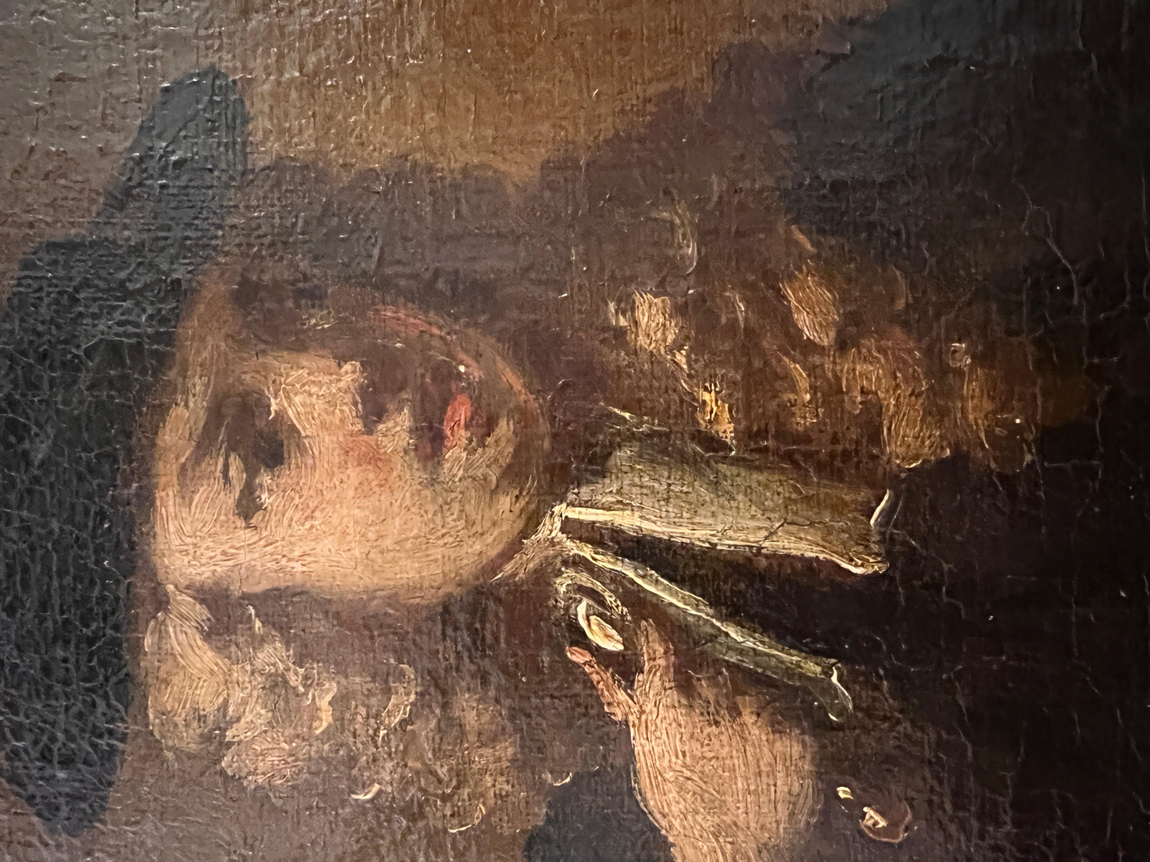 17-18 century, Original Antique Oil Painting in canvas, Genre Scene, Gold Frame For Sale 1