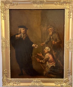 Peinture à l'huile ancienne originale sur toile, scène de genre, cadre doré, 17-18 siècle