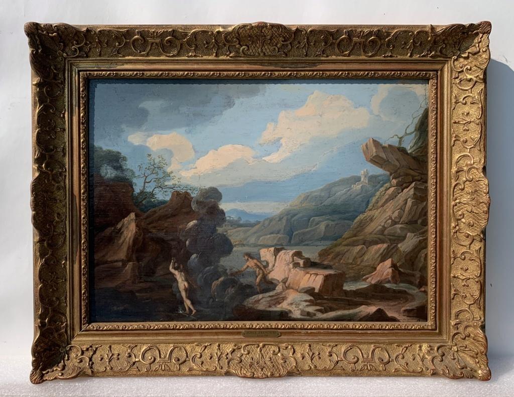 17-18th century Italian landscape painting - Pan Syringe - Oil on panel Italy - Painting by Unknown