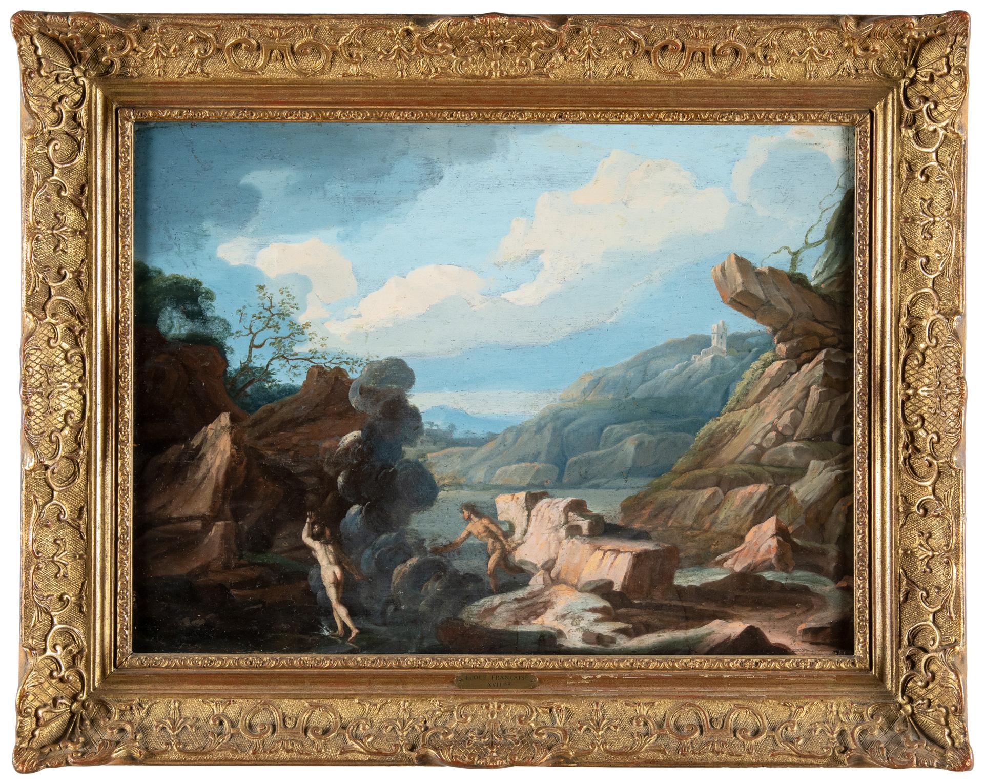 Unknown Landscape Painting - 17-18th century Italian landscape painting - Pan Syringe - Oil on panel Italy