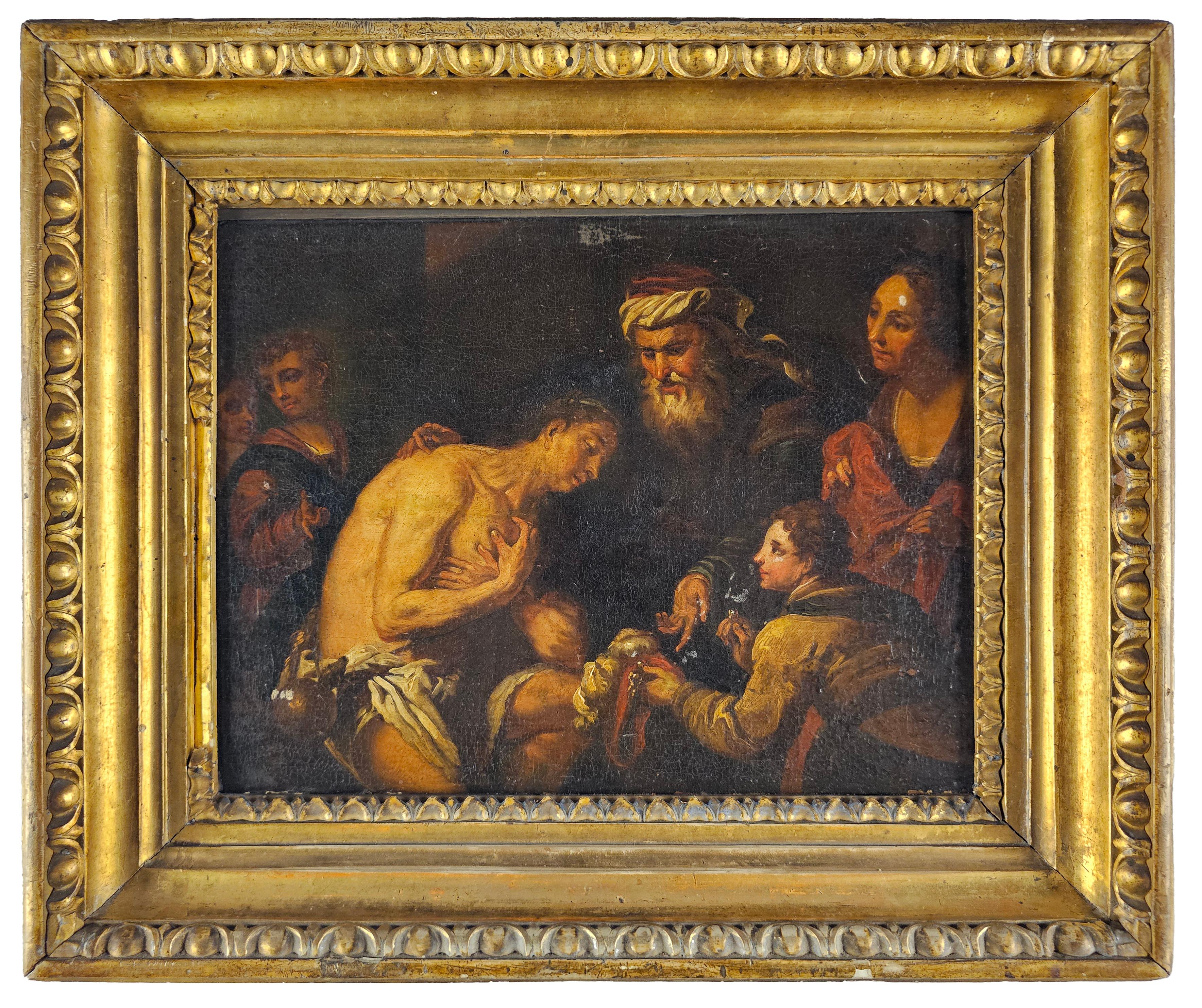 Figurative Painting de Unknown - Panel de la Escuela Italiana del siglo XVII, El regreso del hijo pródigo