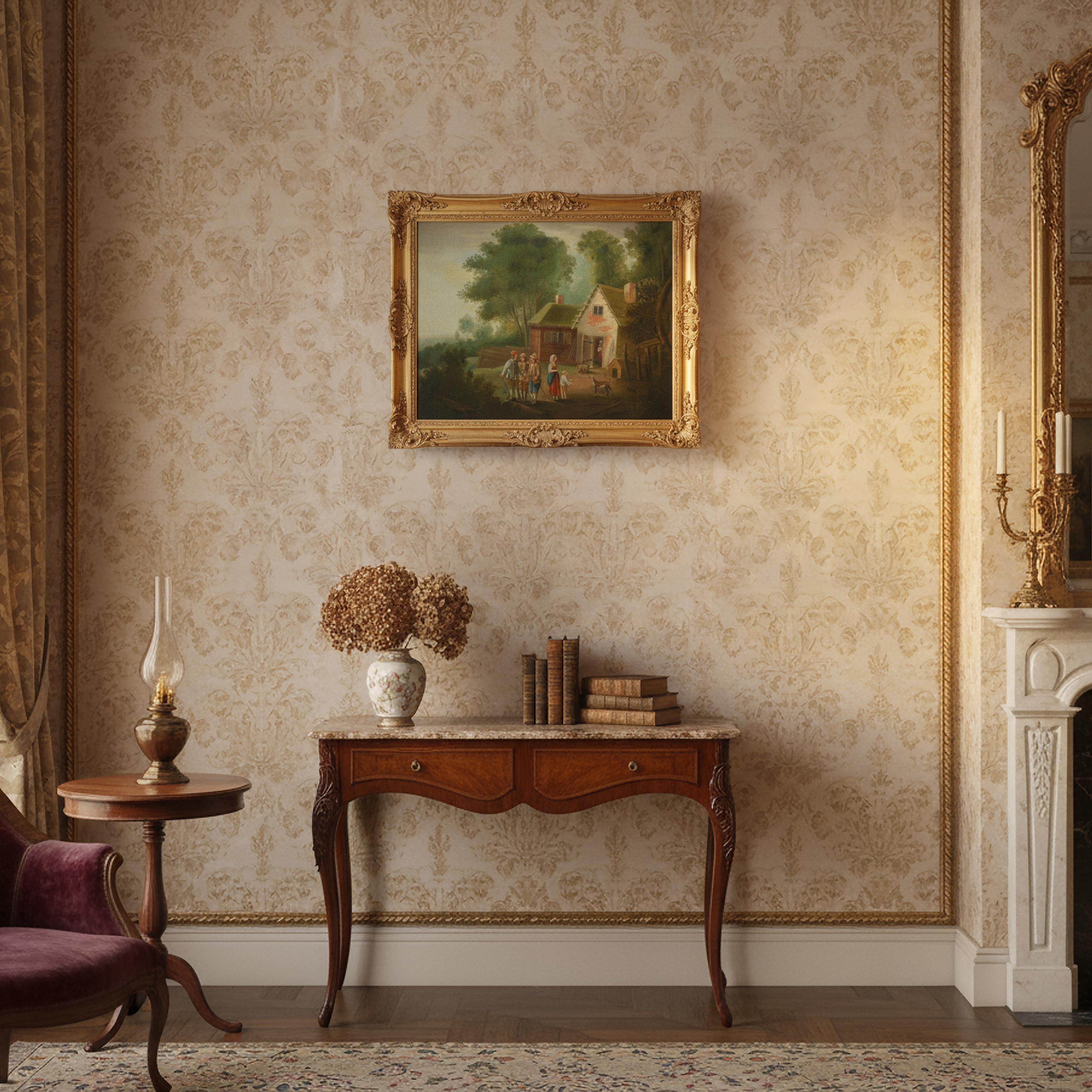 1790 Peinture à l'huile ancienne de style hollandais Scène de village Genrе Djurgarden Suède en vente 9