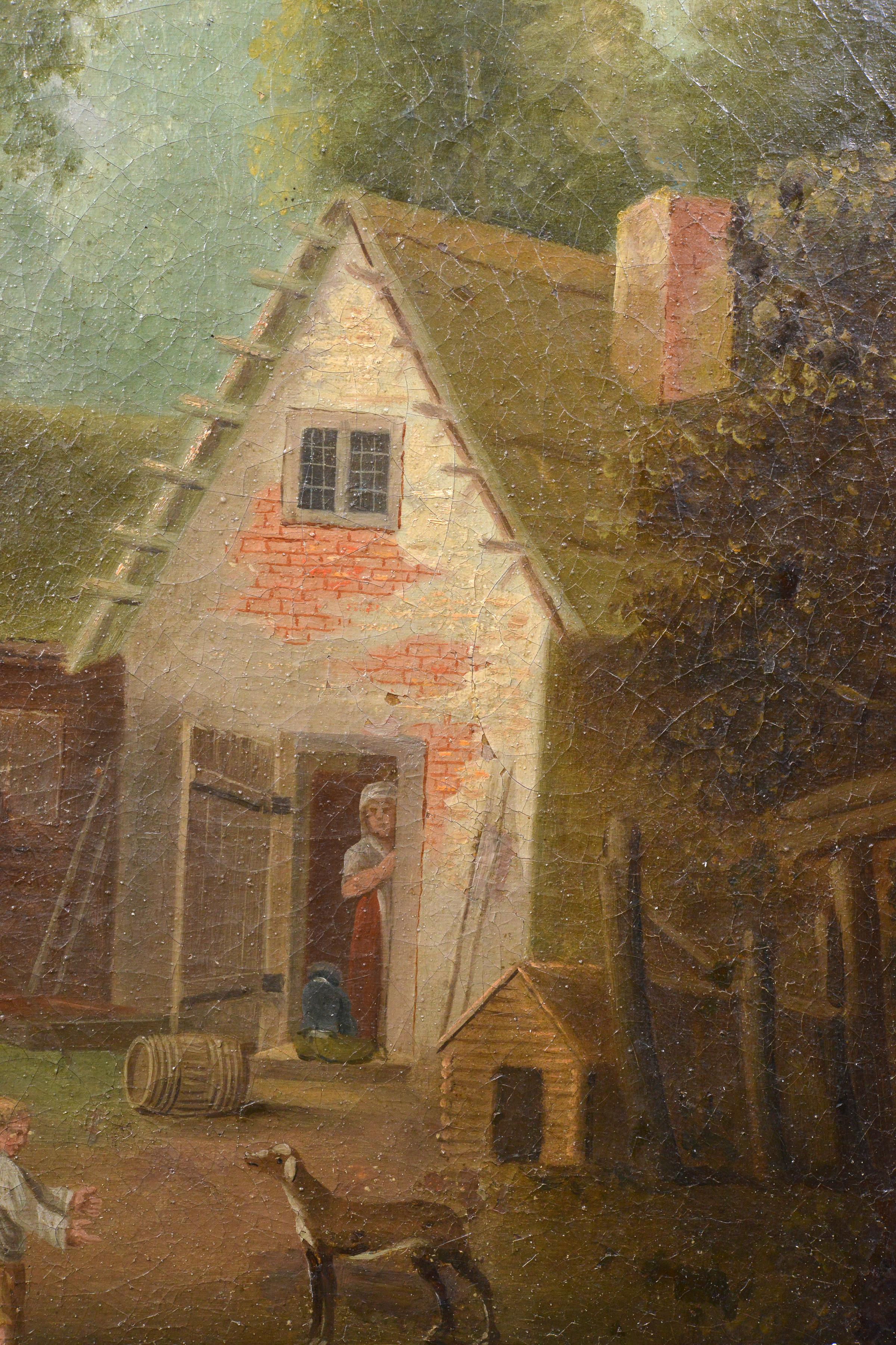 1790 Peinture à l'huile ancienne de style hollandais Scène de village Genrе Djurgarden Suède - Maîtres anciens Painting par Unknown