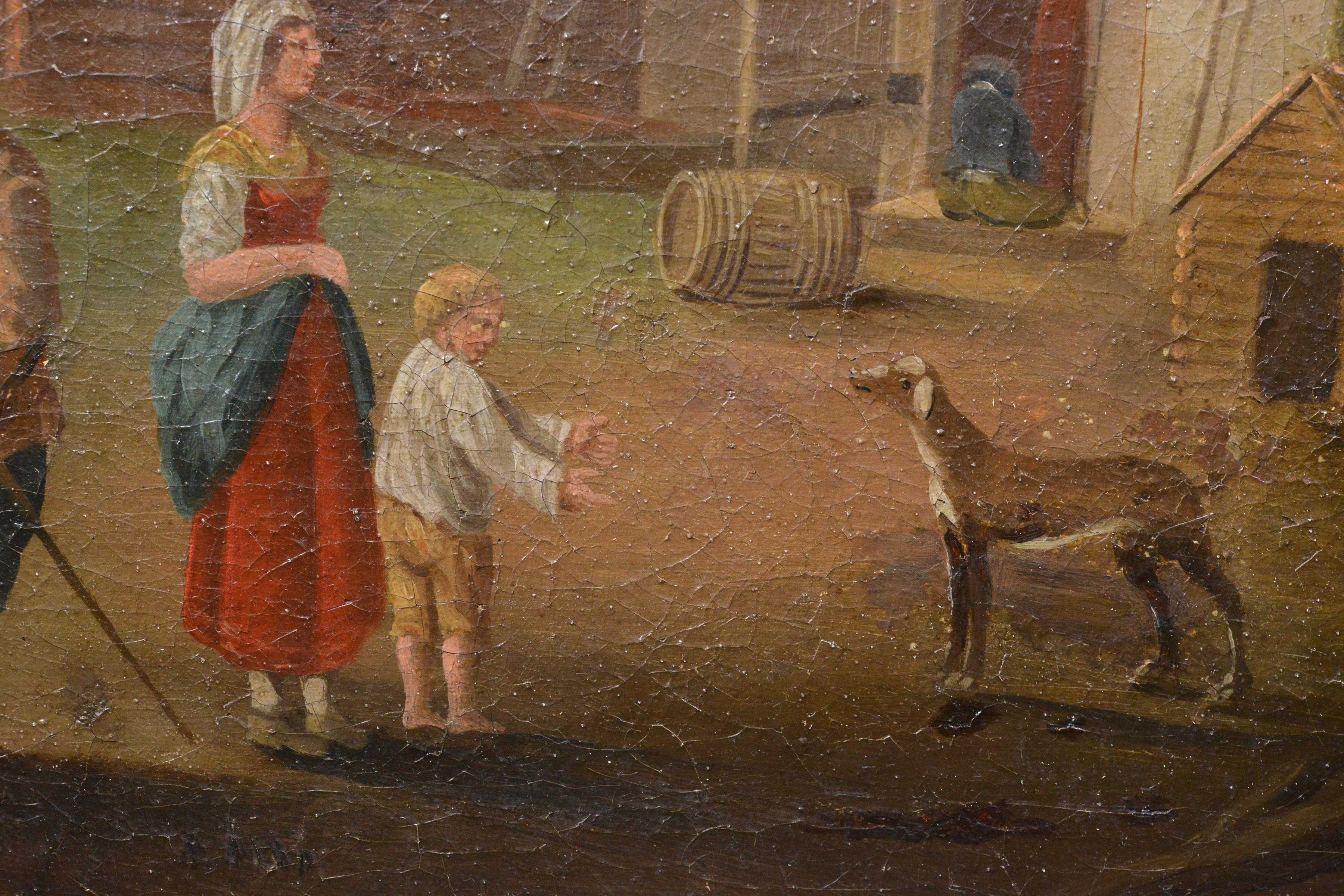 1790 Peinture à l'huile ancienne de style hollandais Scène de village Genrе Djurgarden Suède - Marron Figurative Painting par Unknown