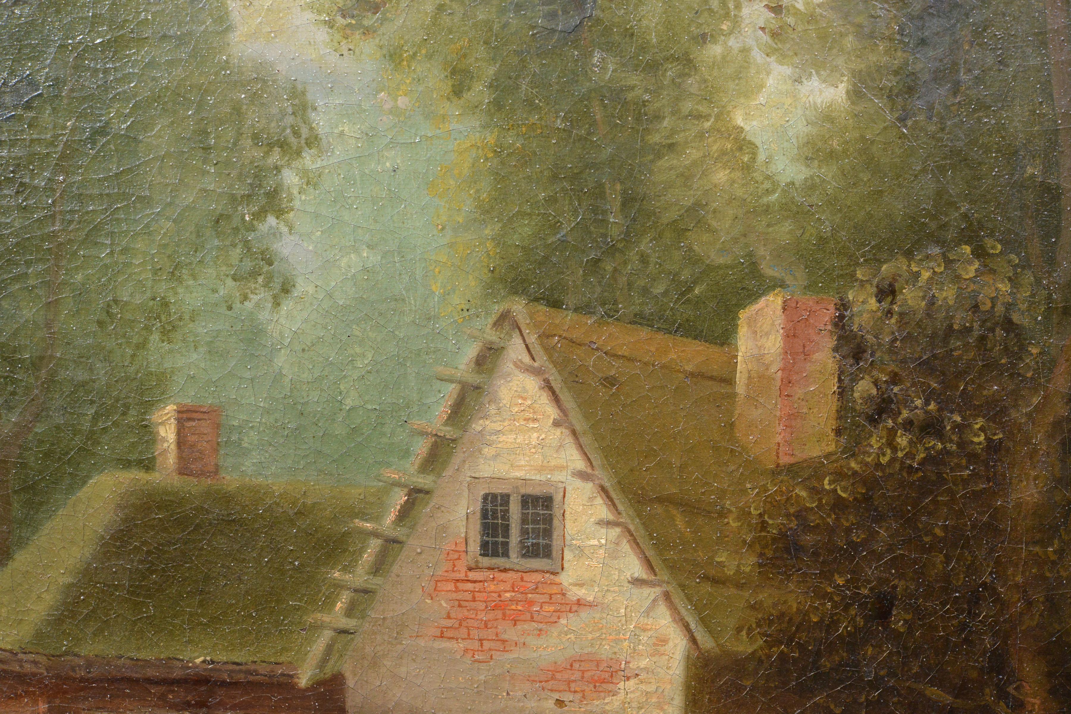 Cette rare peinture à l'huile de 1790 représente un paysage de village dans la tradition des maîtres anciens. La composition montre des paysans rassemblés près d'un chalet entouré d'une forêt luxuriante, engagés dans une discussion animée, tandis