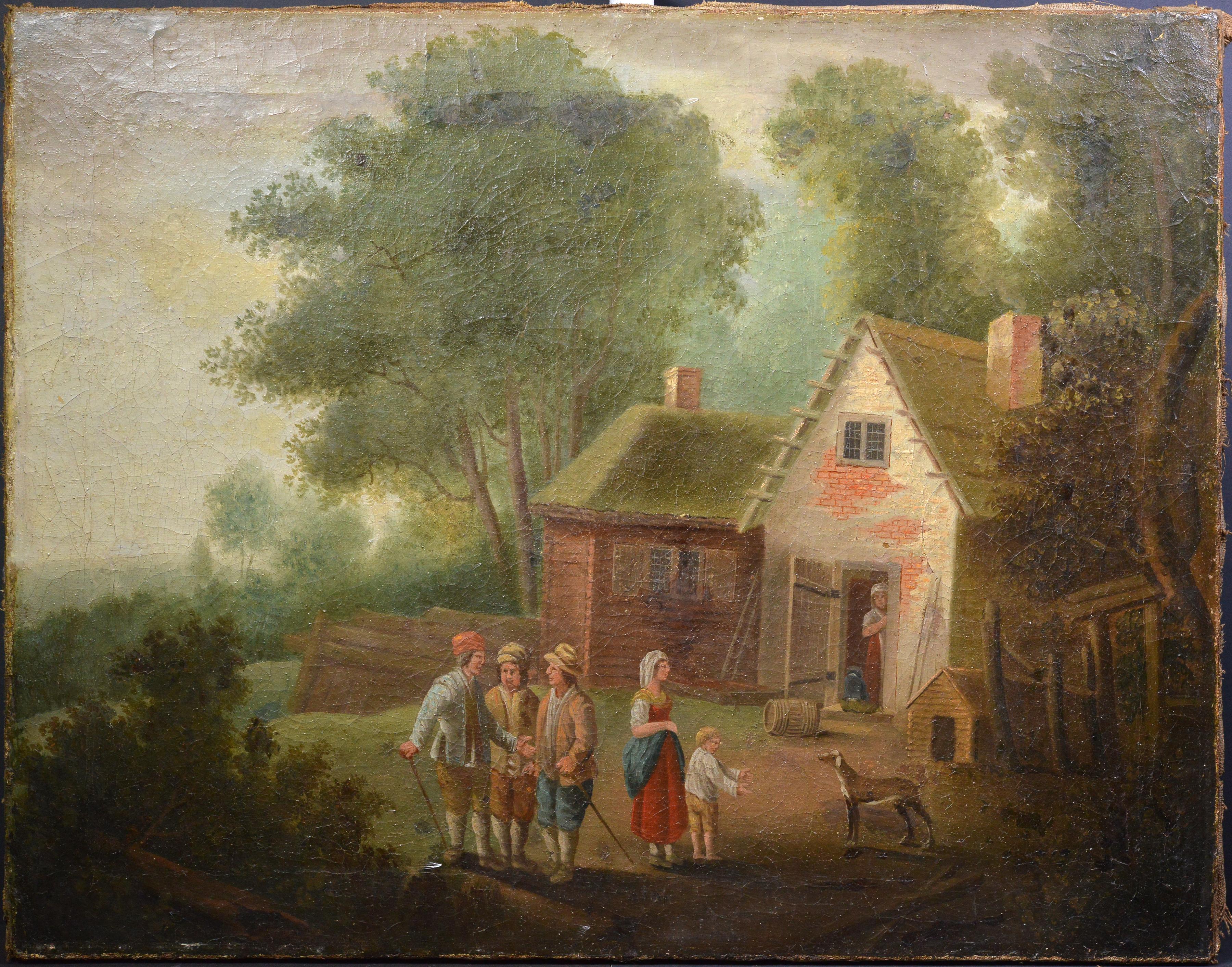 Figurative Painting Unknown - 1790 Peinture à l
huile ancienne de style hollandais Scène de village Genrе Djurgarden Suède