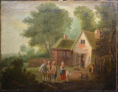 1790 Antikes Ölgemälde im niederländischen Stil Dorf Genrе Szene Djurgarden Schweden