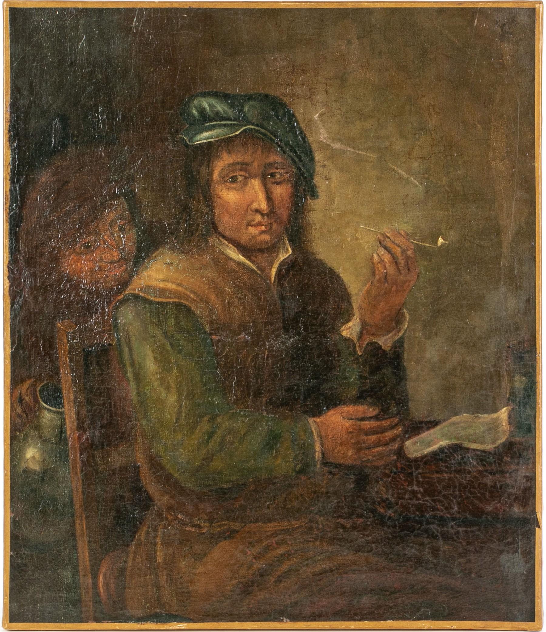 Huile sur toile originale du 17e-18e siècle, Scène de genre avec des personnages dans une taverne - Painting de Unknown