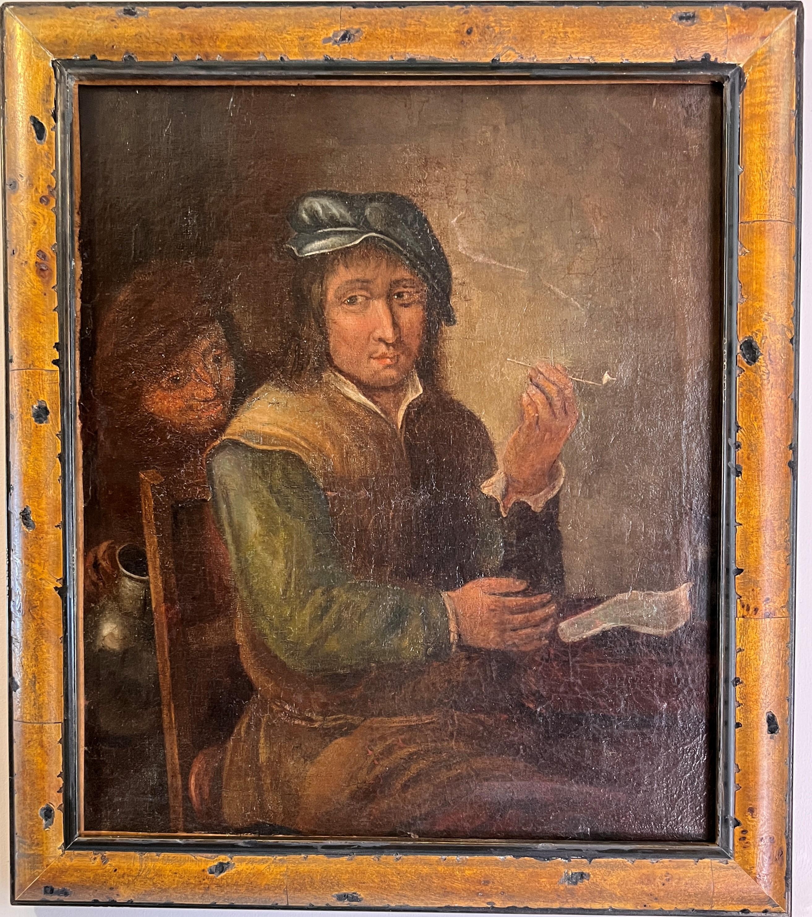 Up&Up est une peinture à l'huile sur toile ancienne des XVIIe et XVIIIe siècles représentant une scène contemplative avec un homme assis à l'intérieur. Il est vêtu de vêtements d'époque, notamment d'une veste verte, d'un gilet marron et d'un chapeau