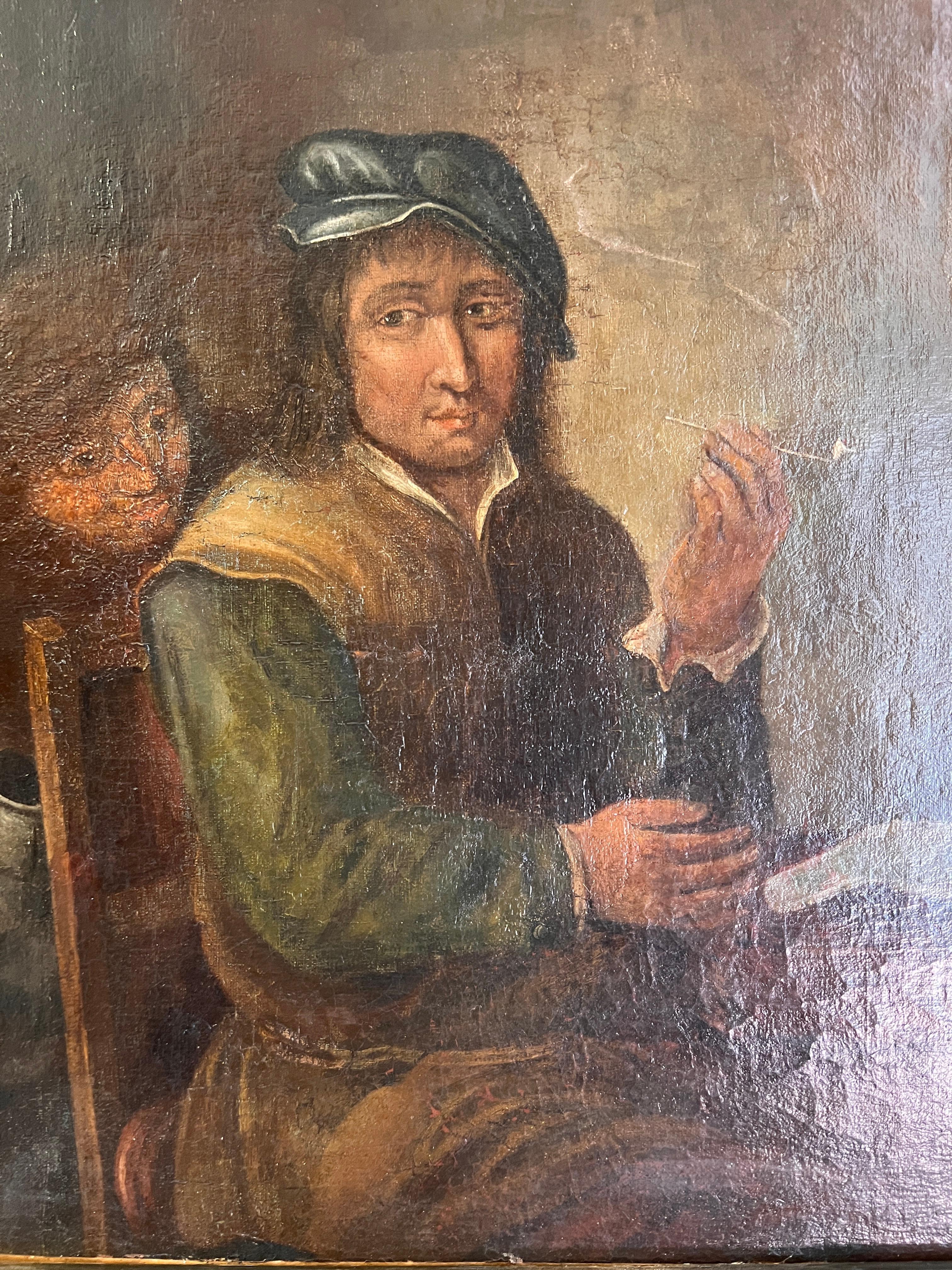 Óleo sobre lienzo original del siglo XVII-XVIII, Escena de género con figuras en una taberna en venta 1