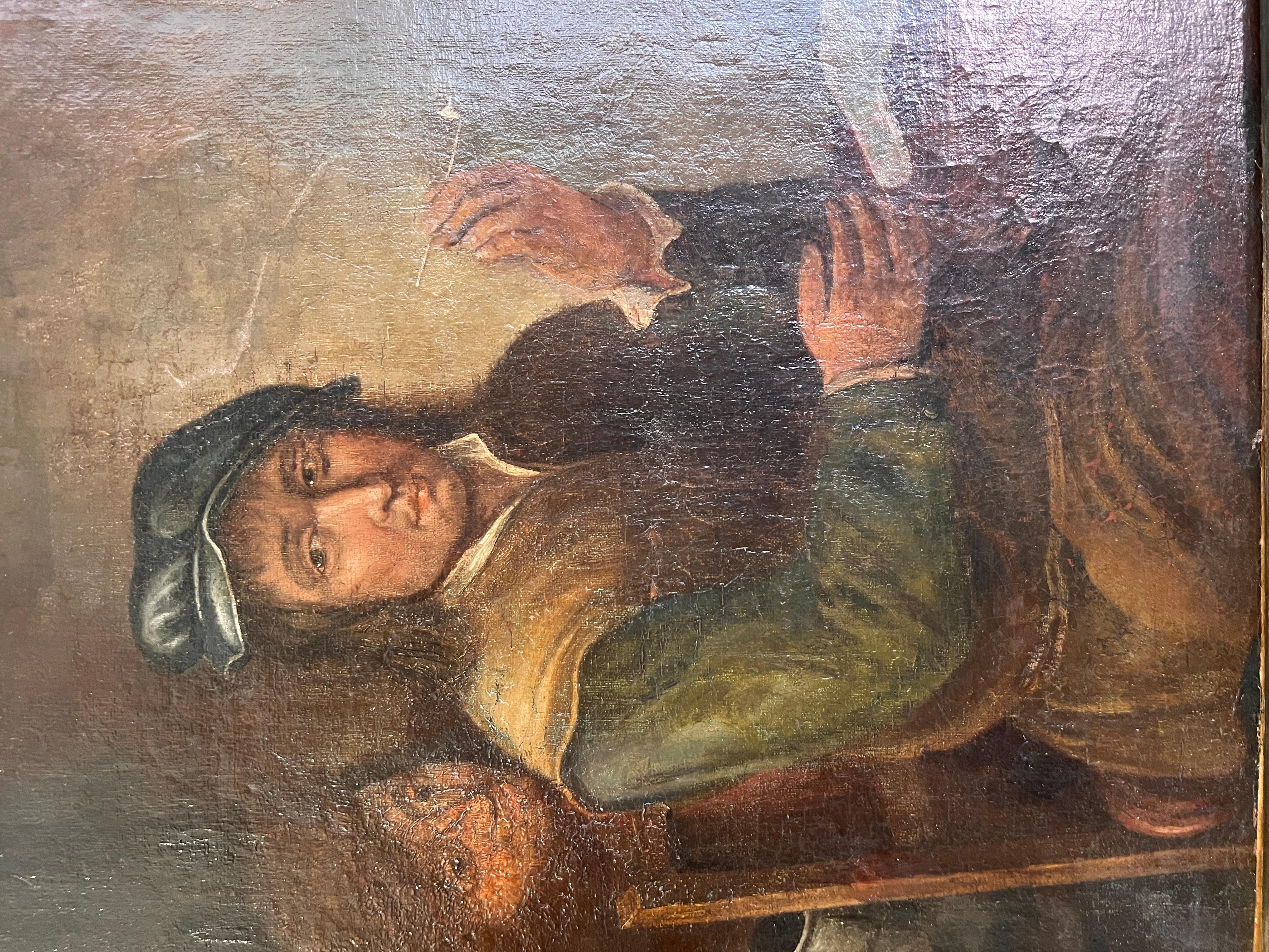 Huile sur toile originale du 17e-18e siècle, Scène de genre avec des personnages dans une taverne en vente 1