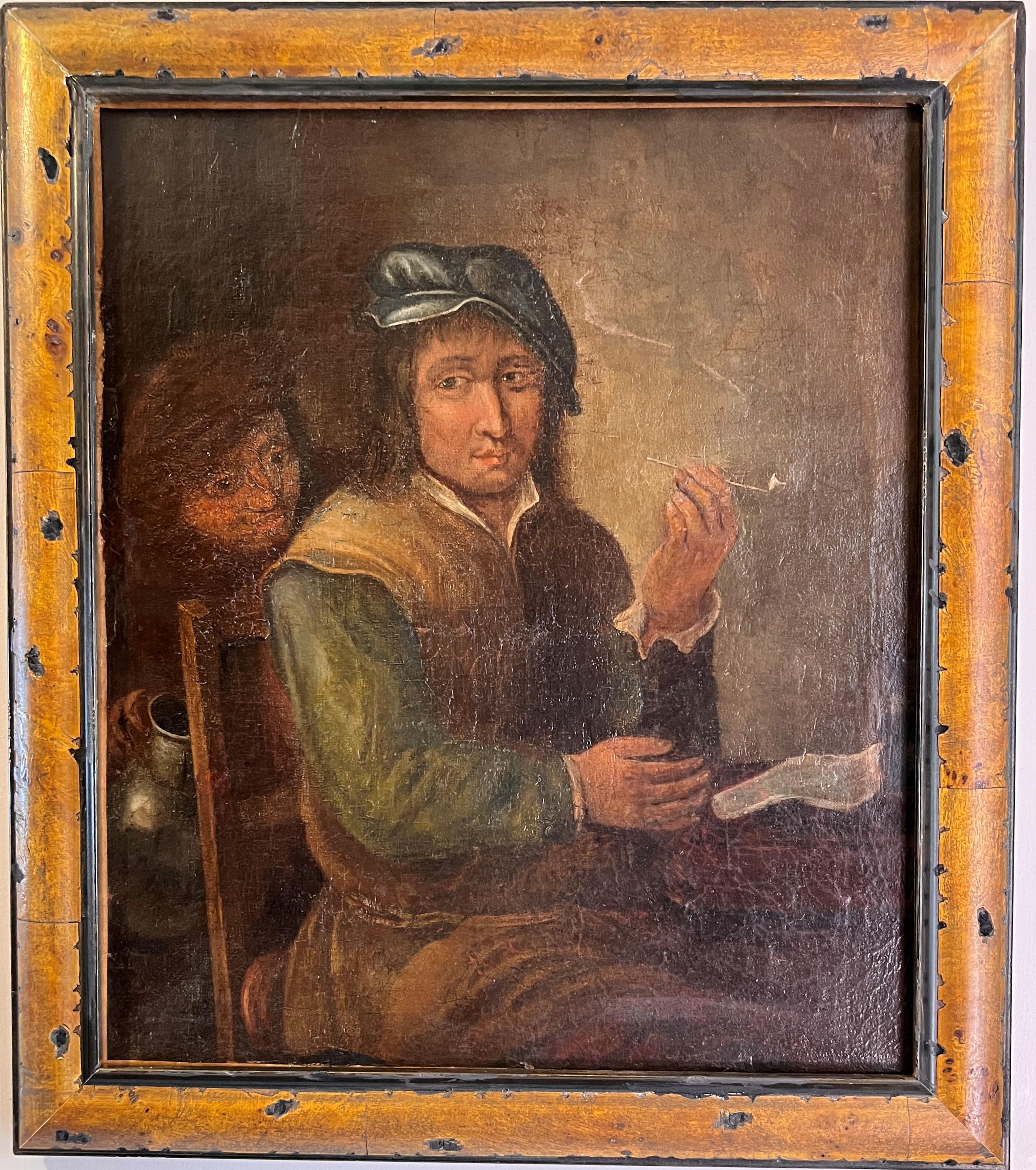 Unknown Portrait Painting - 17th-18th C. original Oil on Canvas, Genre Scene with Figures in a Tavern