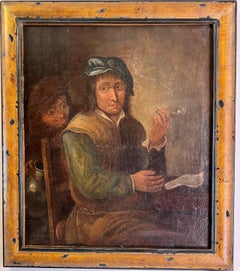 Óleo sobre lienzo original del siglo XVII-XVIII, Escena de género con figuras en una taberna