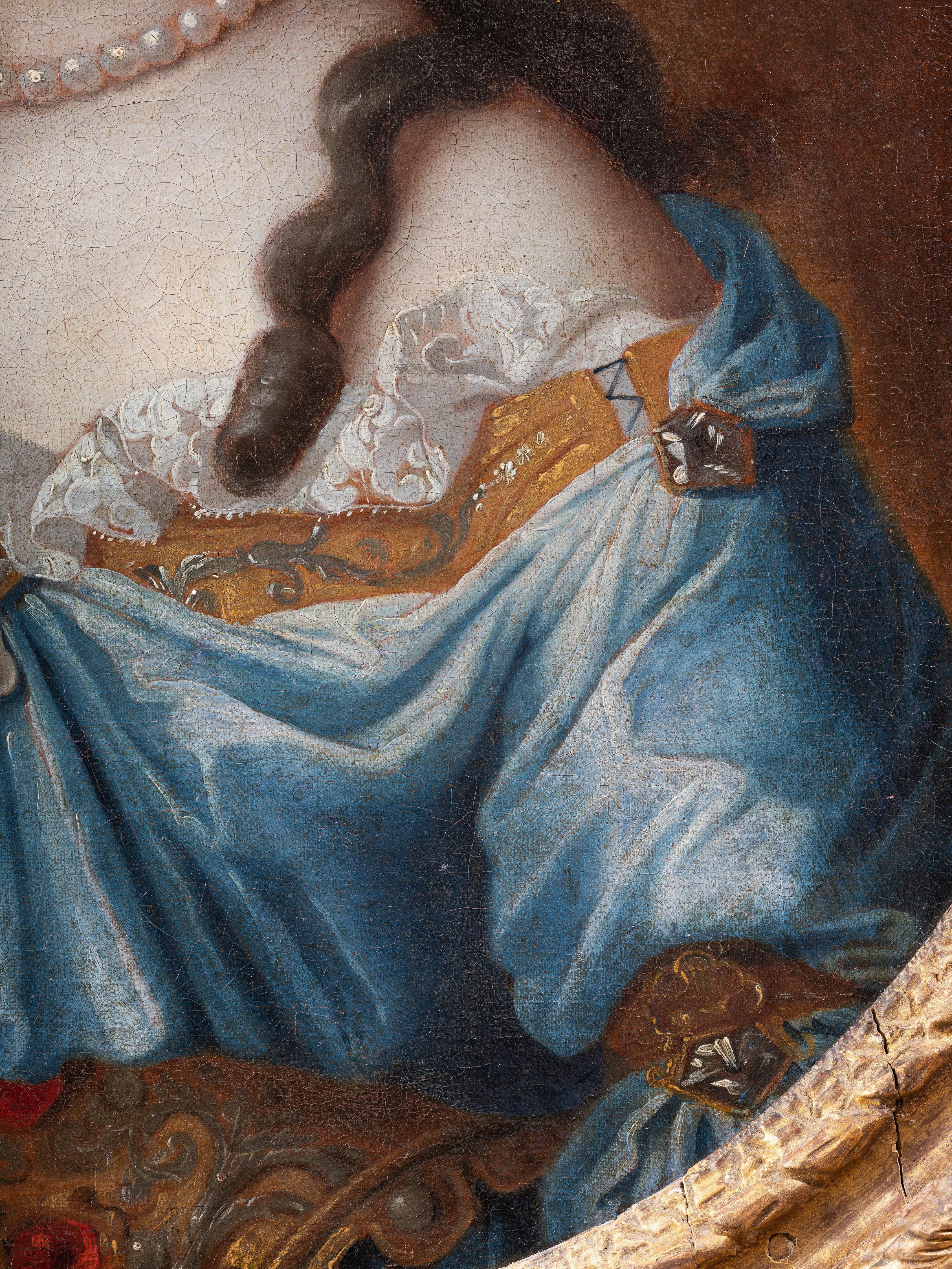 Grazioso ritratto di una giovane principessa, Maria Anna Vittoria di Baviera, delfina di Francia, moglie di Louis de France dit Dauphin, figlio di Luigi XIV e nonna di Luigi XV.
La giovane donna è rappresentata in busto, con un abito blu, una