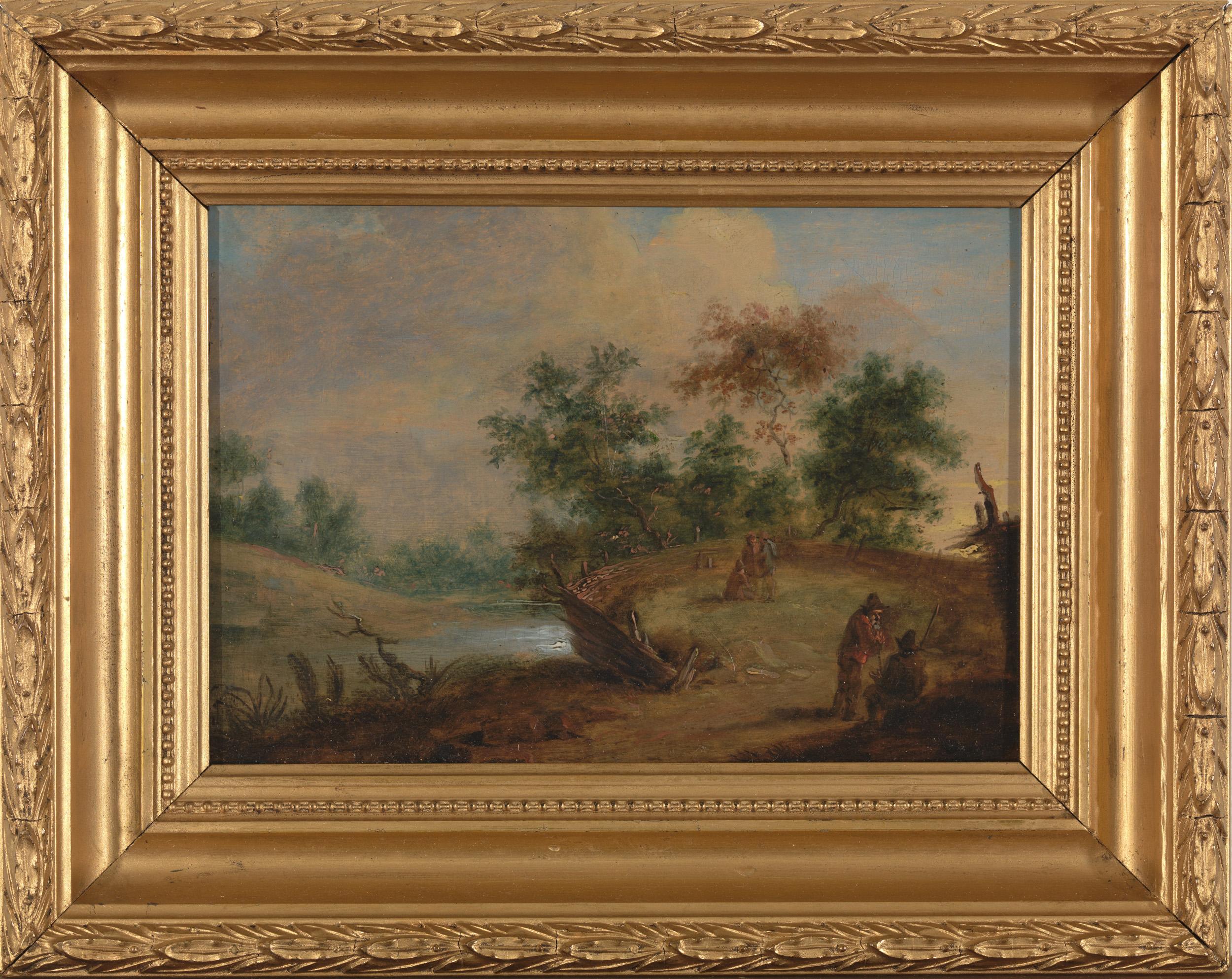17th C, Landscape, Flemish School, Countryside with Figures at a Small River - Painting by Unknown