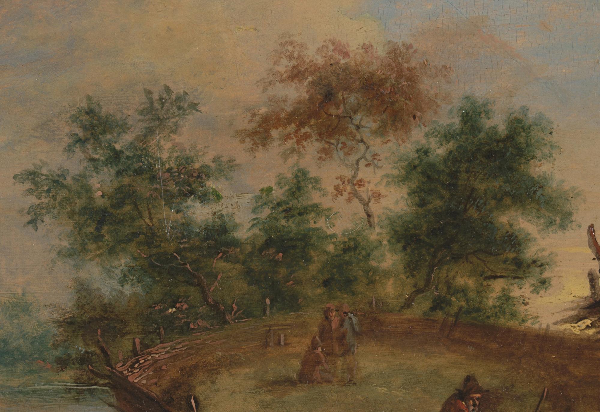 17th C, Landscape, Flemish School, Countryside with Figures at a Small River - Brown Figurative Painting by Unknown