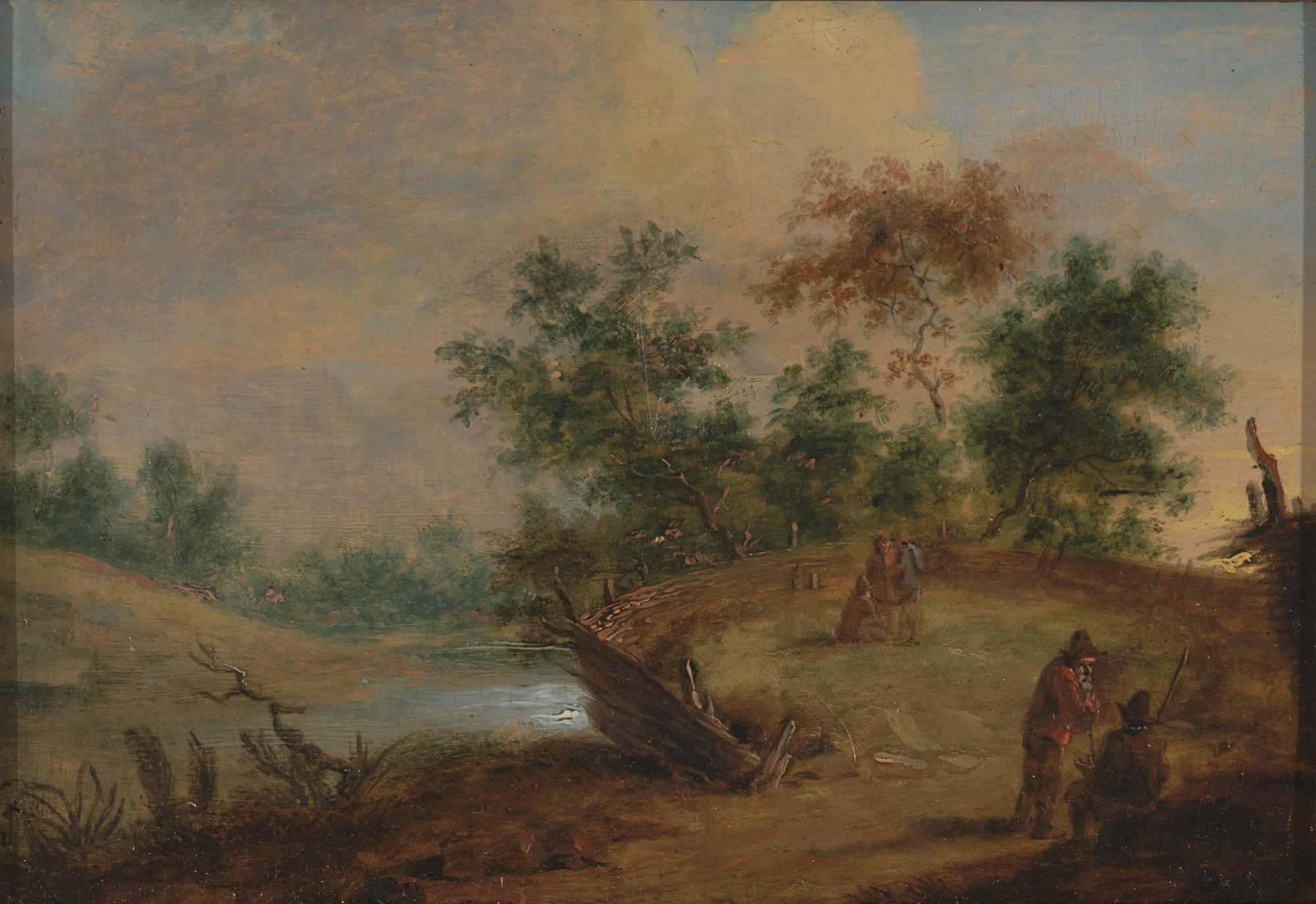 Unknown Figurative Painting - 17th C, Landscape, Flemish School, Countryside with Figures at a Small River