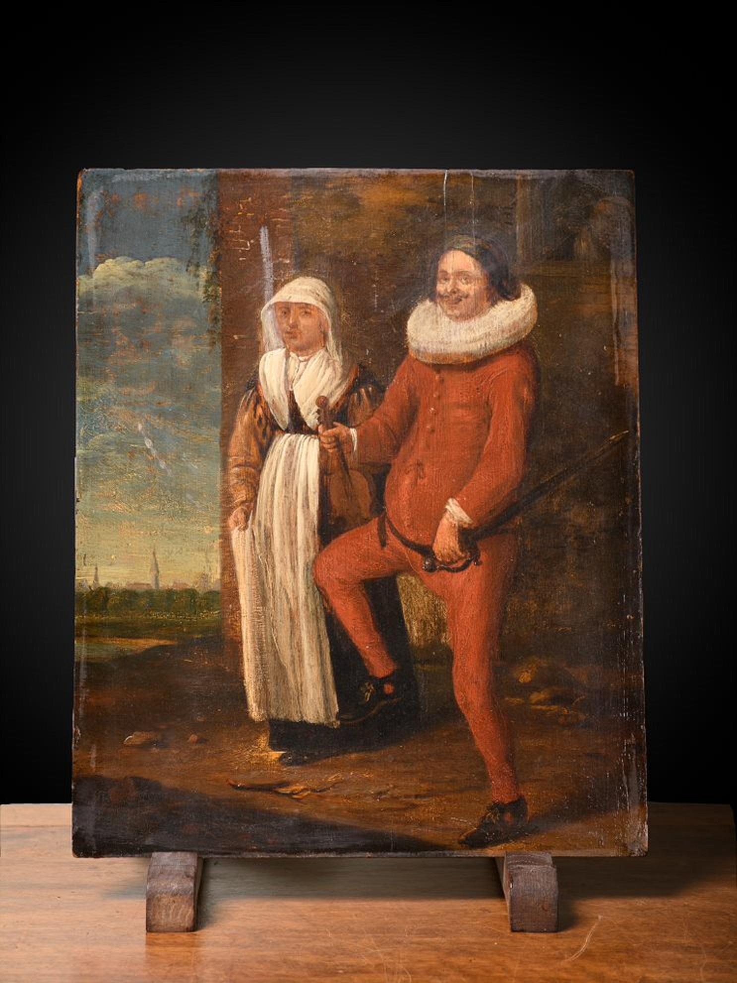 17. Jahrhundert Gemälde von  ein Bauernpaar, das sich auf den Karneval vorbereitet.Flemish School. – Art von Unknown