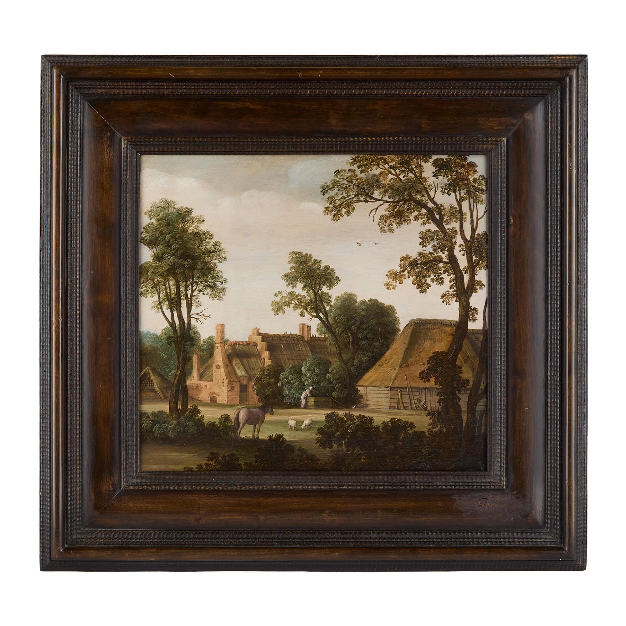 Hendrick Bloemaert Landscape Painting – 17. Jahrhundert Antike holländische Schule Ölgemälde Landschaft Bauernhof Tiere