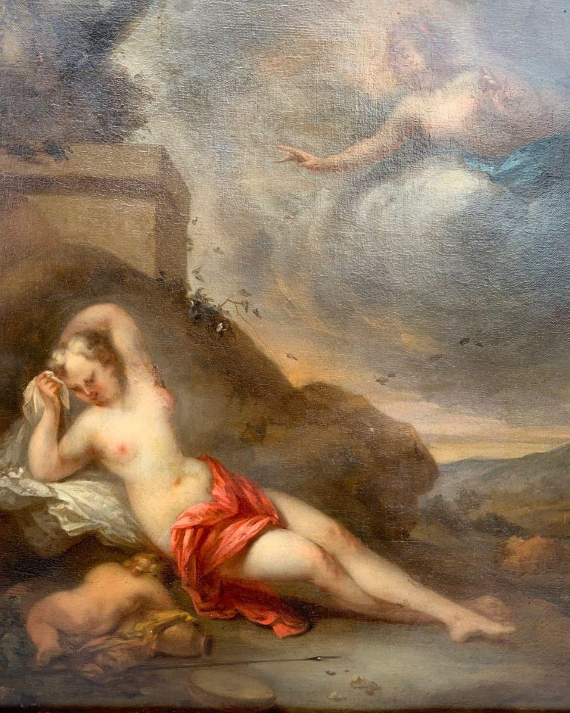 Antico dipinto a olio su tela del 17° secolo con dea e cherubino, incorniciato - Painting di Unknown