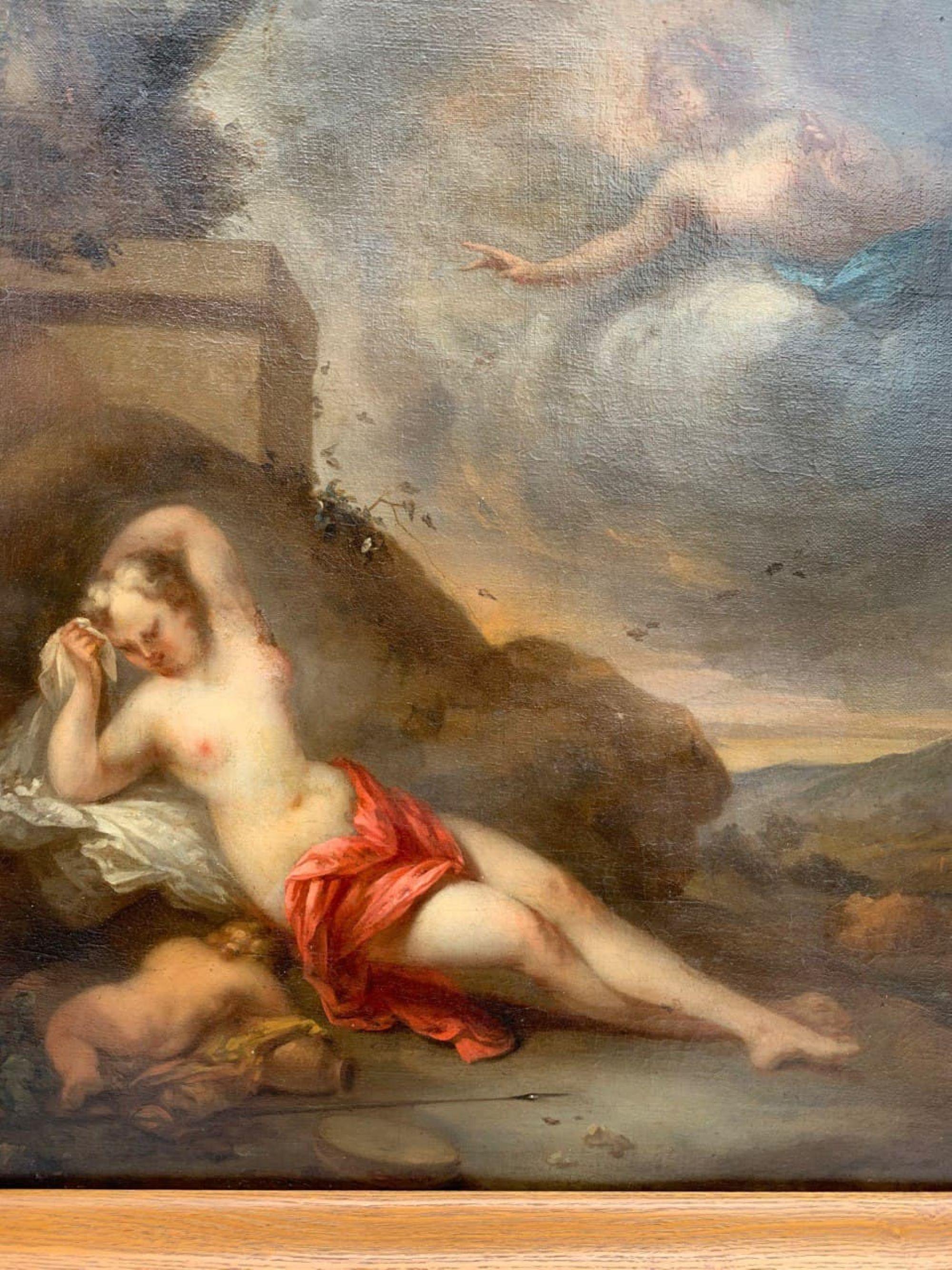 Antico dipinto a olio su tela del 17° secolo con dea e cherubino, incorniciato - Painting Rococò di Unknown
