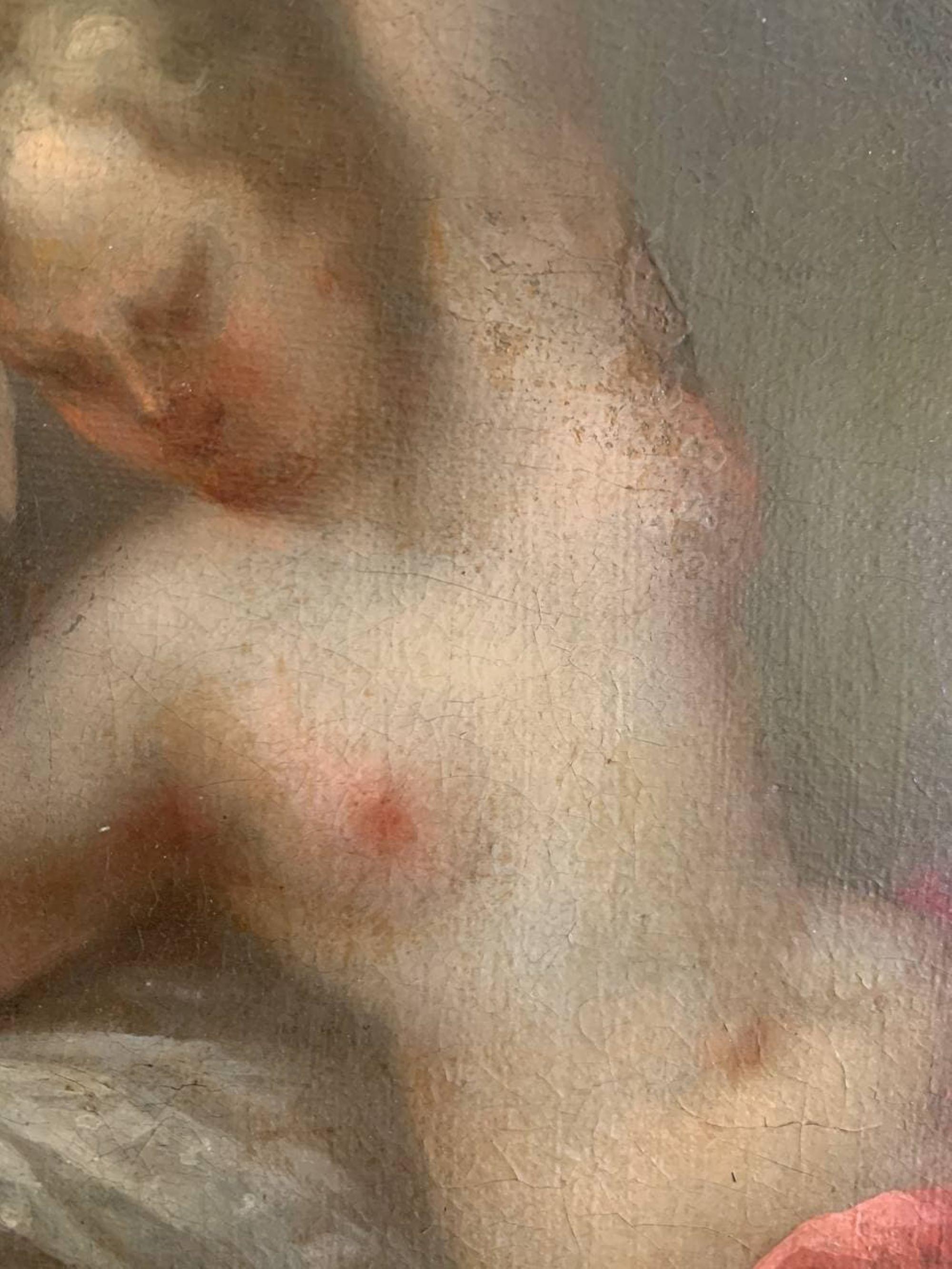 Antico dipinto a olio su tela del 17° secolo con dea e cherubino, incorniciato in vendita 1