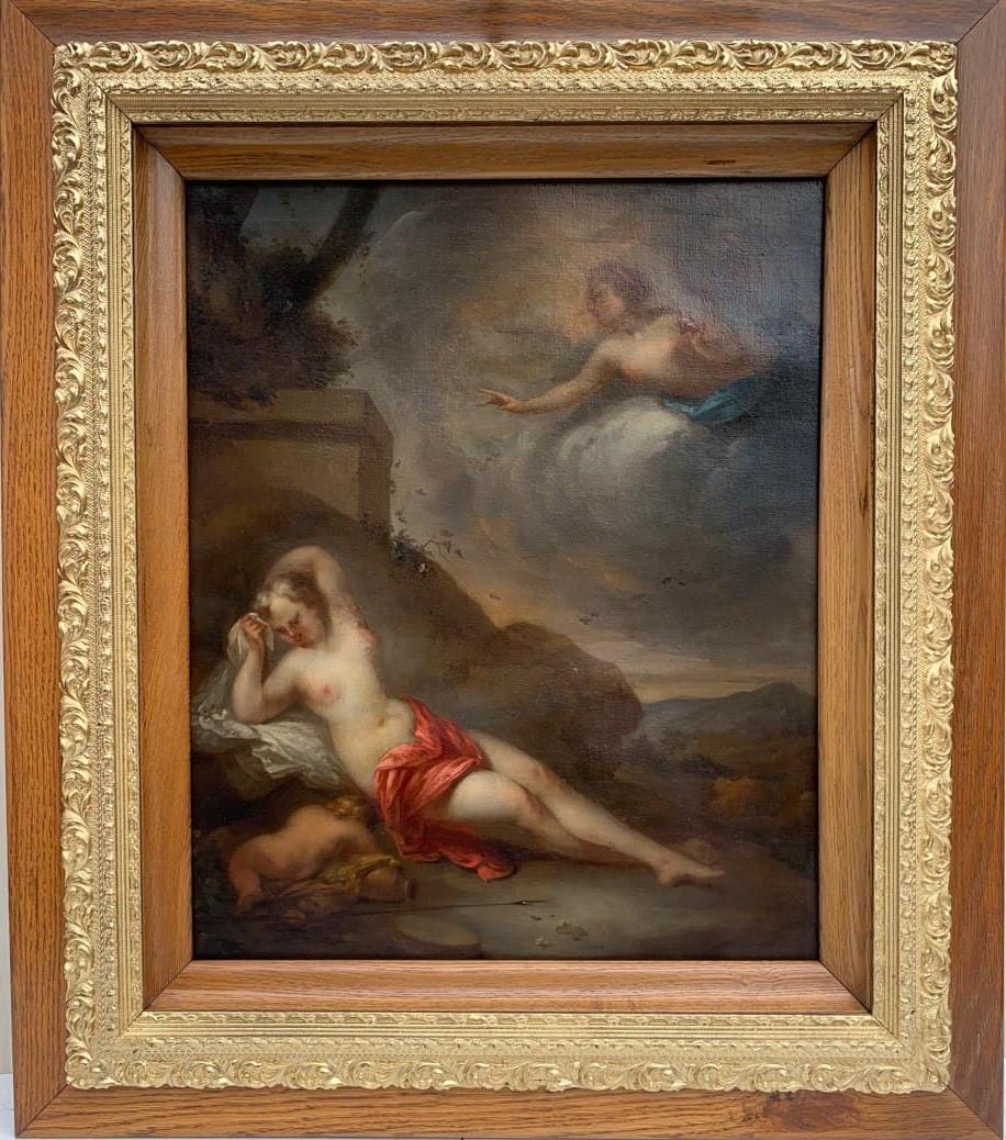 Landscape Painting di Unknown - Antico dipinto a olio su tela del 17° secolo con dea e cherubino, incorniciato