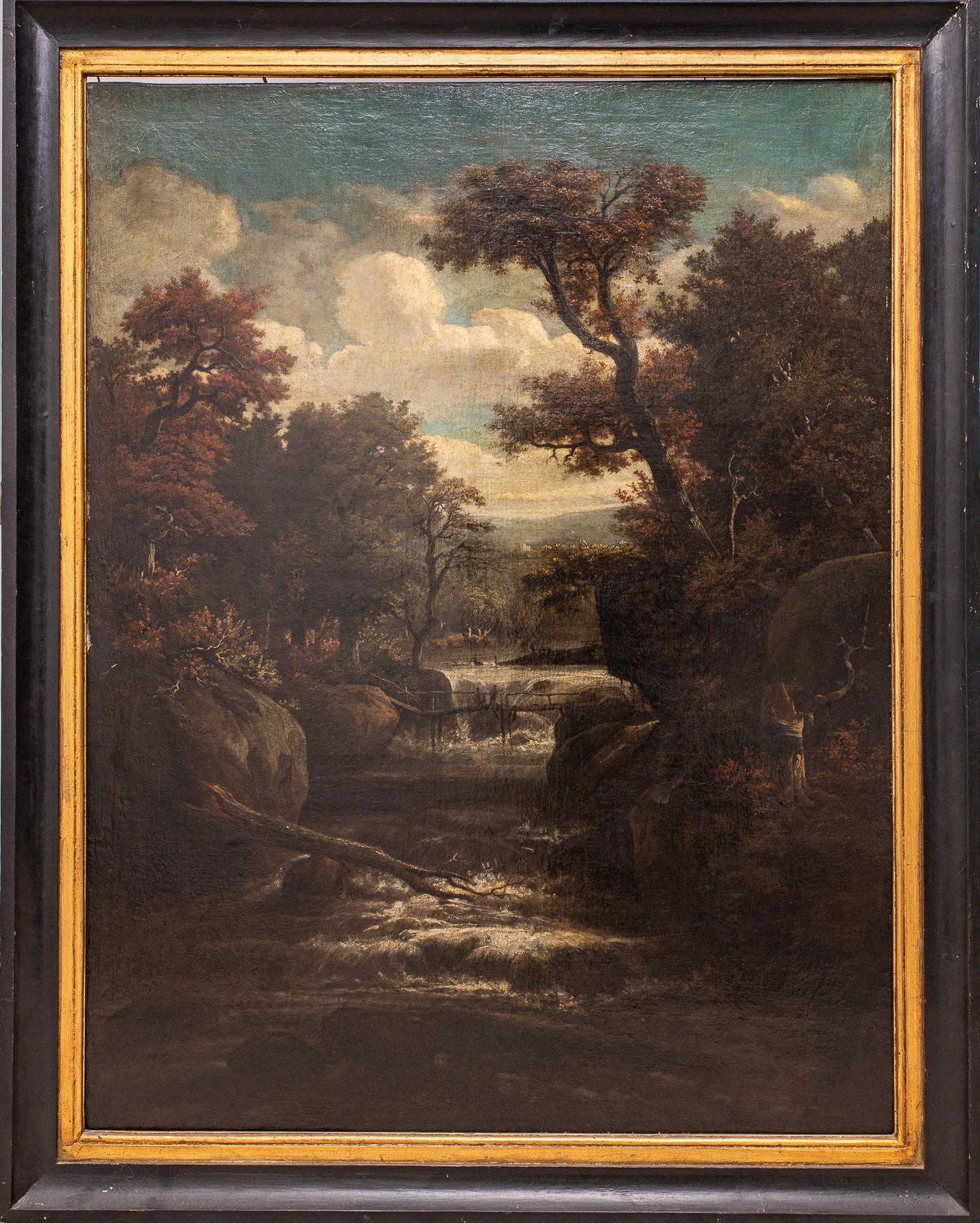 17th Century, Baroque, Forest Landscape with Waterfall, Oil on Canvas, Framed - Painting by Jacob Isaacsz van Ruisdael 