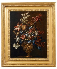 17th Century by Mario Nuzzi Still Life Flower Vase Oil on Canvas Blue Red Gold