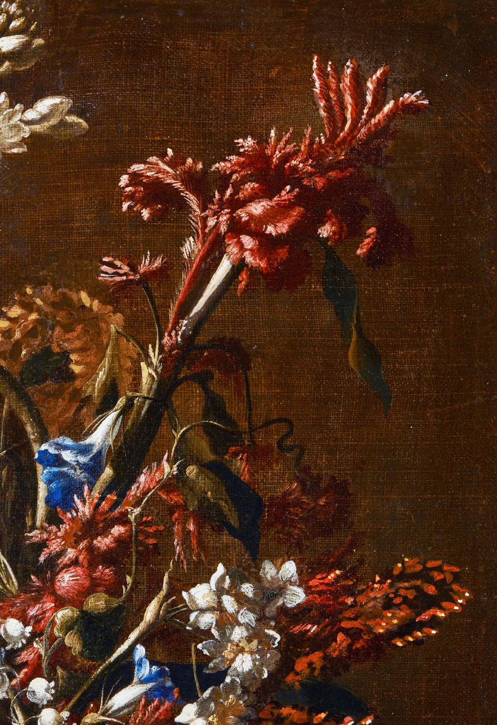17th Century by Mario Nuzzi Still Life Flower Vase Oil on Canvas Blue Red Gold - Black Still-Life Painting by Unknown