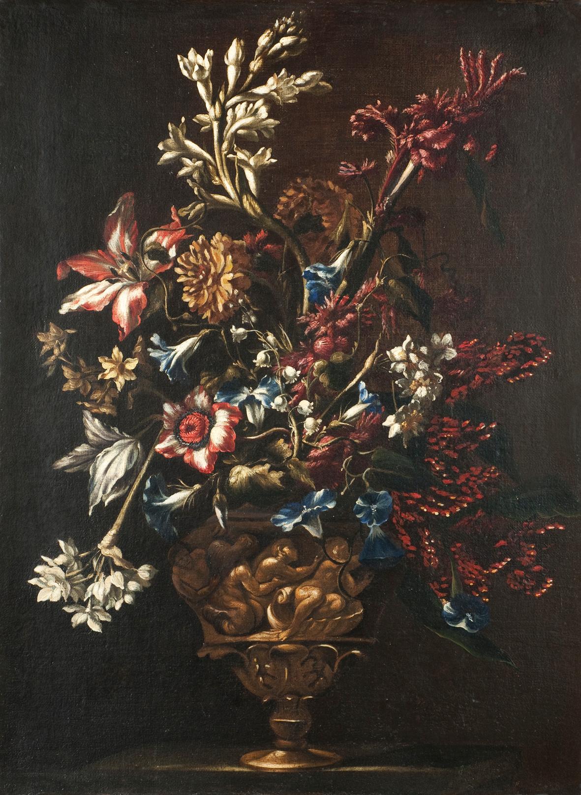 Unknown Still-Life Painting - 17th Century by Mario Nuzzi Still Life Flower Vase Oil on Canvas Blue Red Gold