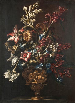 17th Century by Mario Nuzzi Still Life Flower Vase Oil on Canvas Blue Red Gold