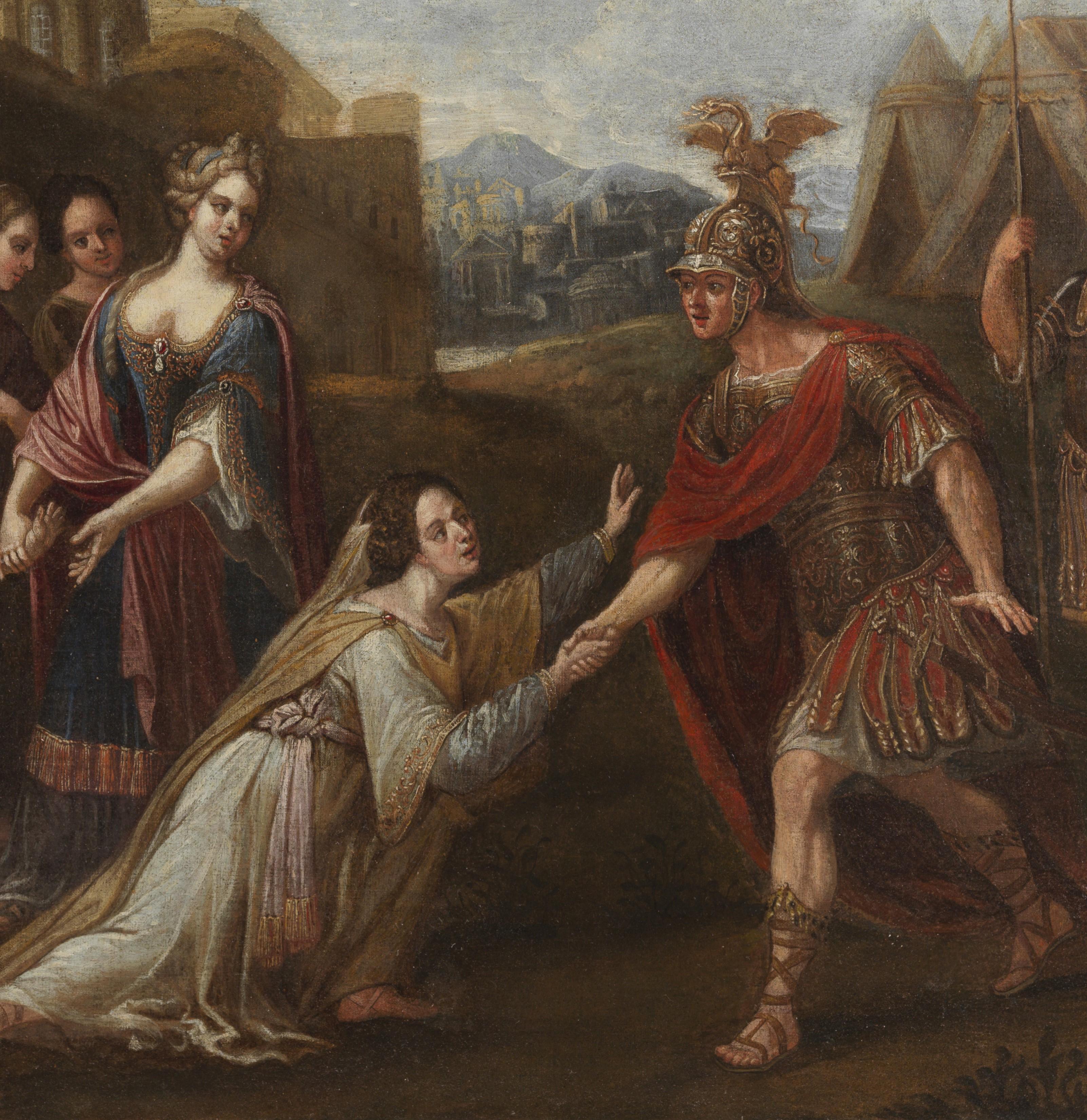 Gemälde Öl auf Leinwand, 78 x 110 ungerahmt und 97 x 122 cm mit zeitgenössischem Rahmen, das die Familie des Darius mit Alexander dem Großen darstellt, aus der römischen Schule der zweiten Hälfte des 17. Jahrhunderts.

Die Geschichte erzählt uns,