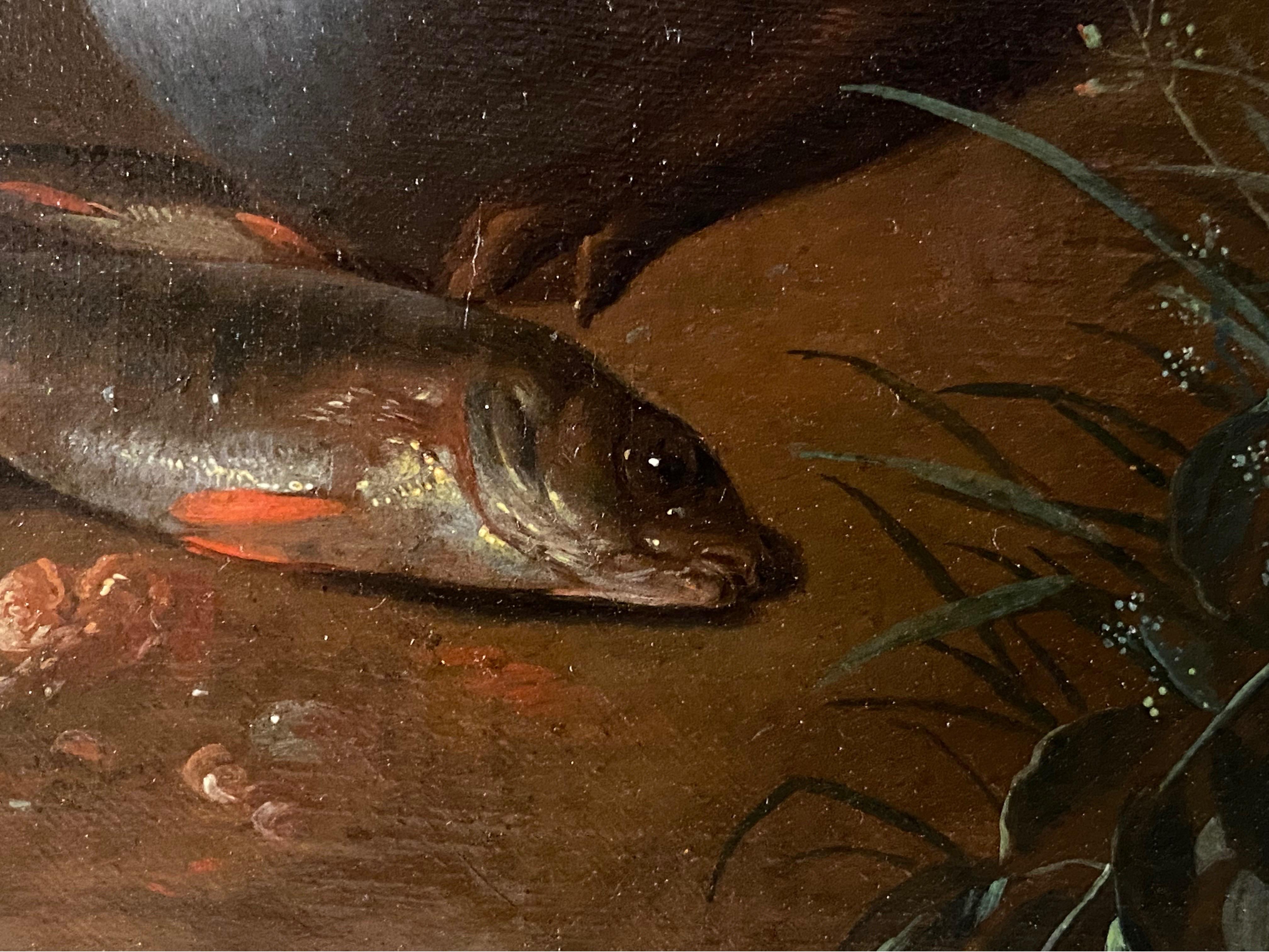 Niederländisches Gemälde eines Alten Meisters aus dem 17. Jahrhundert – Stillleben mit einem Eimer – Jagdfisch 6